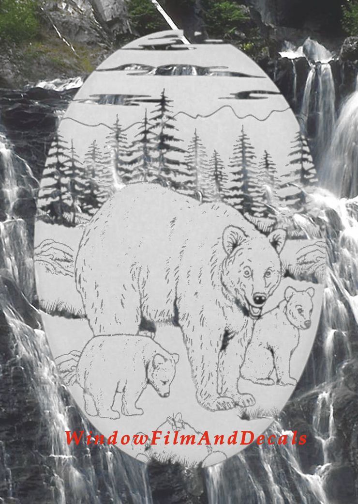 Bears Static Cling Window Decal 10×16 OVAL Etched Glass Look Country Door Decor