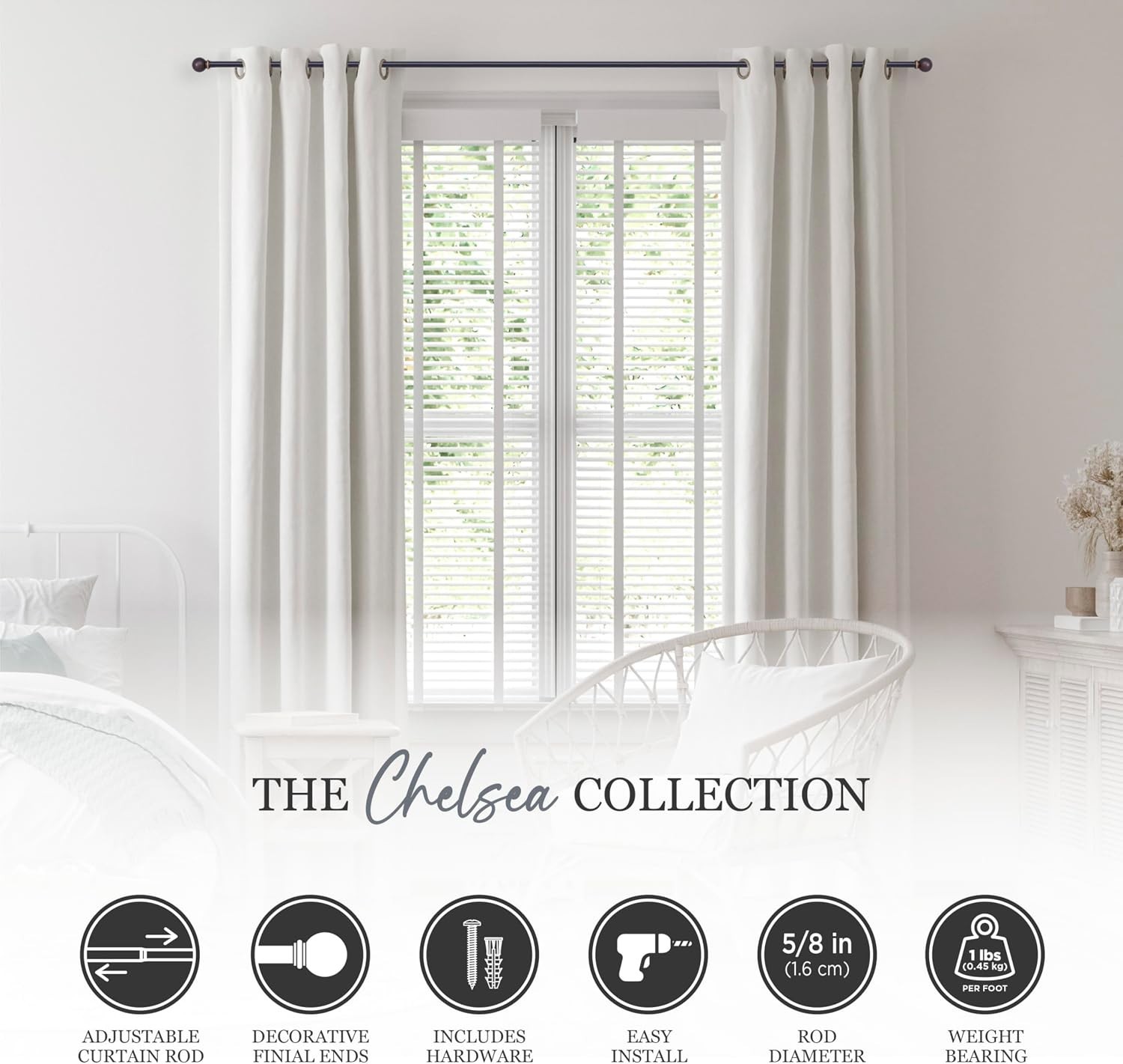 Versatile Chelsea Curtain Rod 48-86″ – Supports Light to Medium Weight Curtains