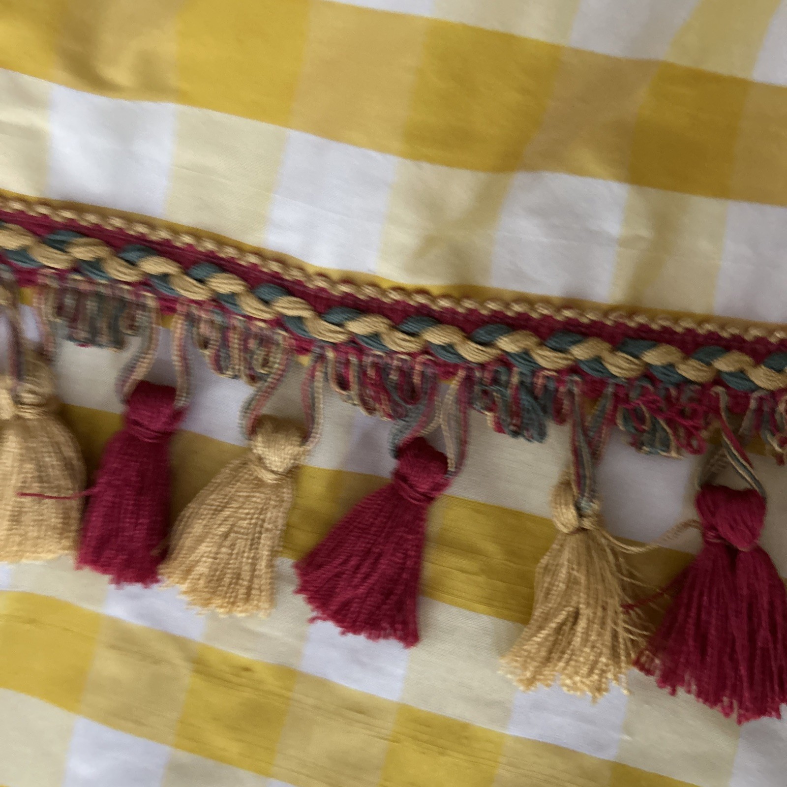 Pair Decorator Custom Made Striped Check Silk Taffeta Tassel Trim Lined