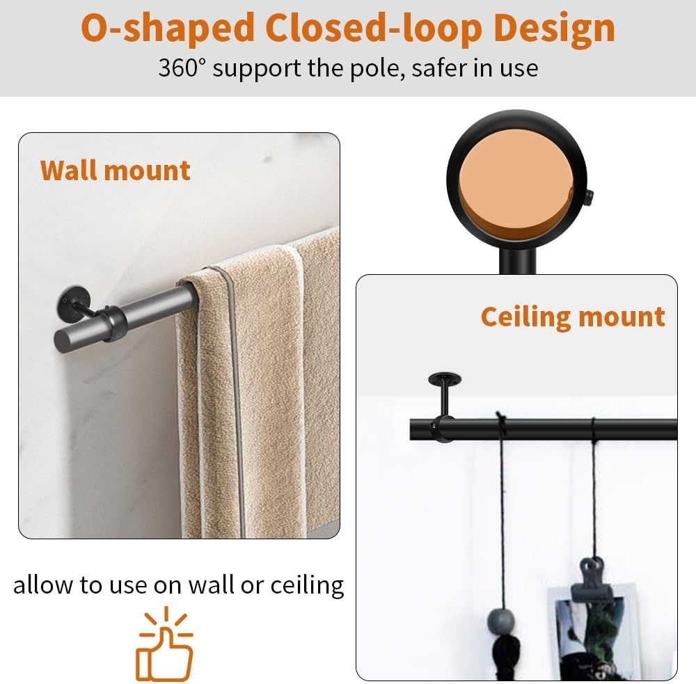 Ceiling Curtain Rod Brackets, Heavy Duty Curtain Rod 1-1/4” – 4 Pack Black