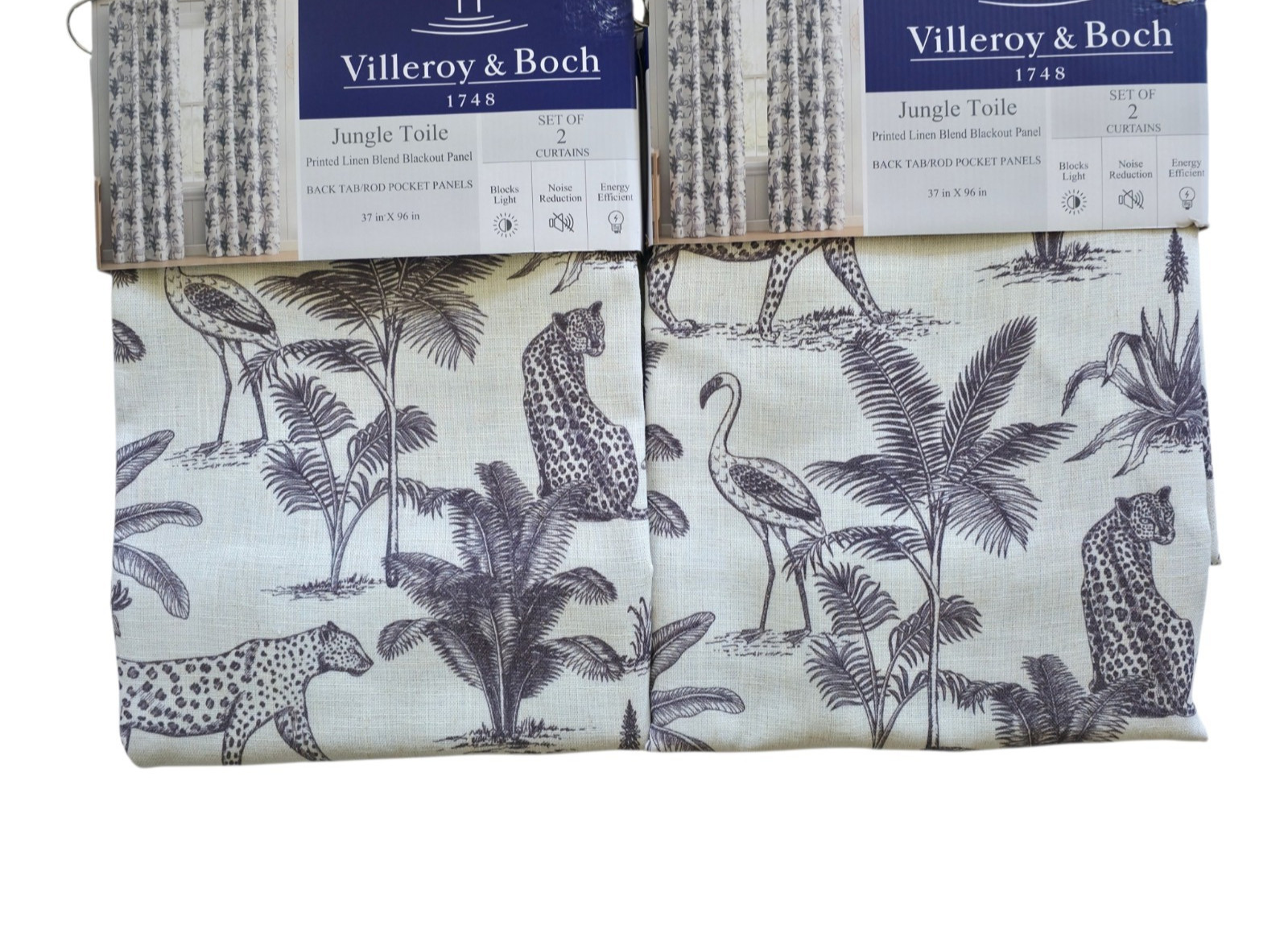 Villeroy & Boch Jungle Toile Curtains Drapes Set of 4 37×96 Gray White Blackout