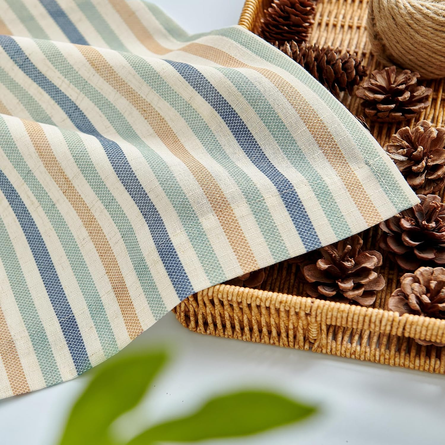 Striped Linen Kitchen Tier Curtains, 20 Inch, Coastal, 2 Panels | Light-Filterin