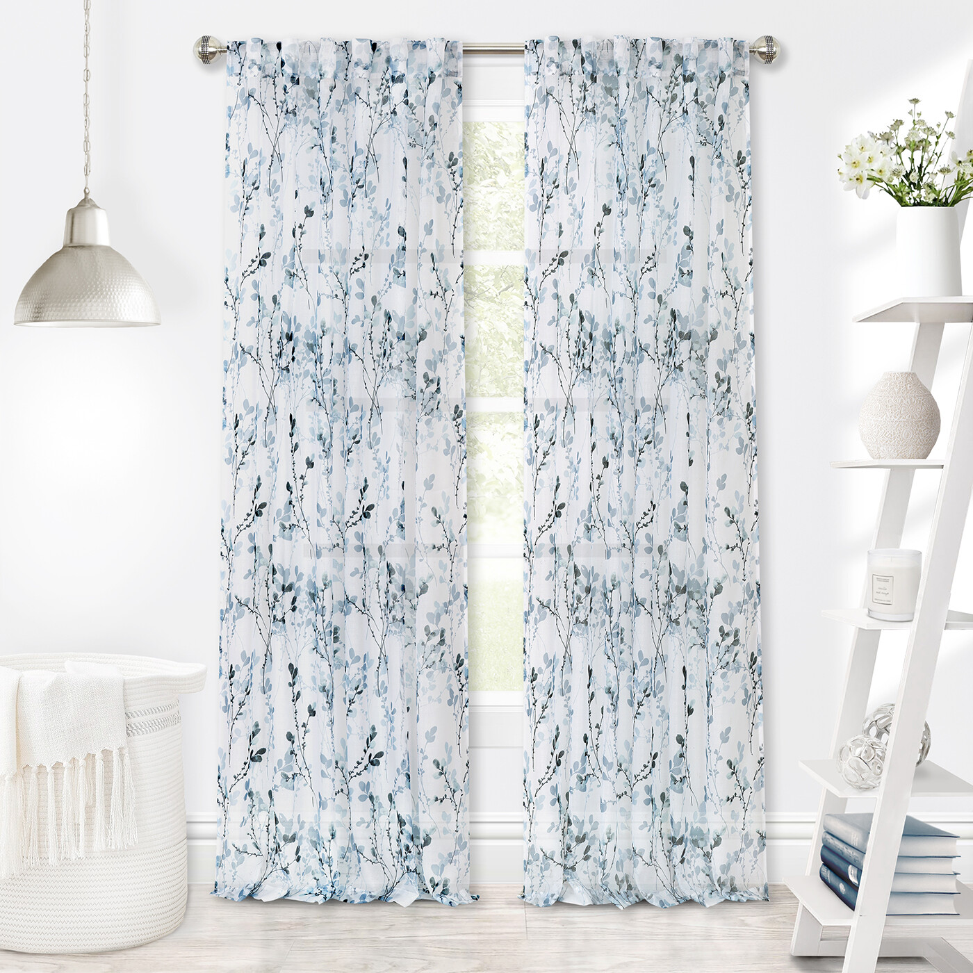 Achim Home Furnishing Misty Teal Floral Petal Vines Window Curtain Panels : 52″