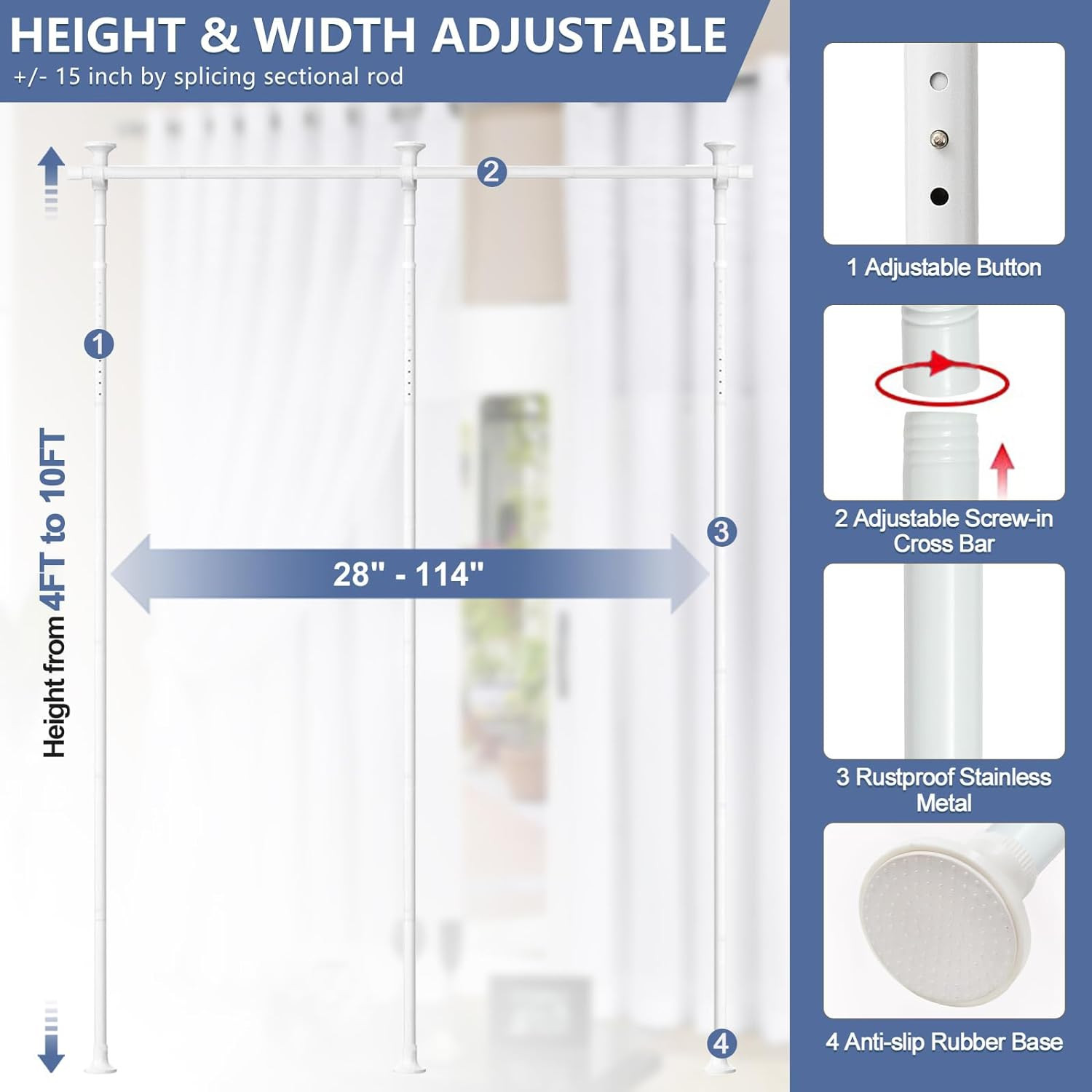 Room Conner Divider Partition 28″~114″ Wide x48~120″ high Tension white pole Rod