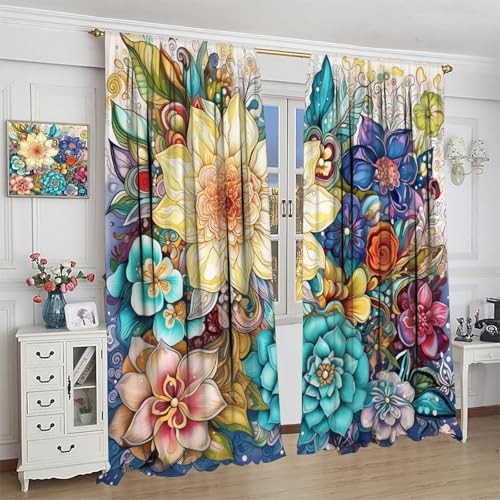 Boho Floral Curtains for Kitchen,Rustic 20.5″W x 44.5″L (Pack of 2) Style-4