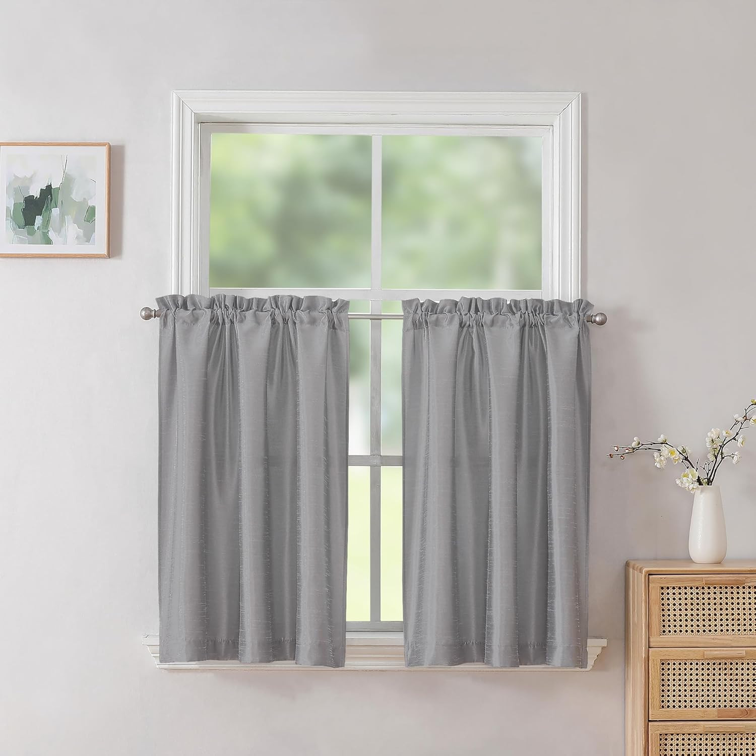 Uptown Silver Gray Kitchen Curtains 30 Inch Length, Room Darkening Faux Silk Slu