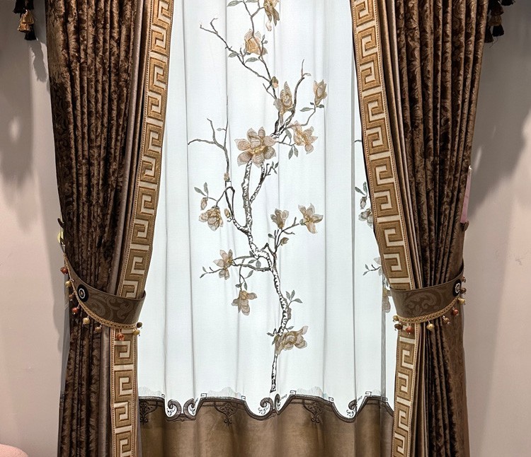 luxury European Embroidery valance shade coffee Velvet curtain tulle M1802