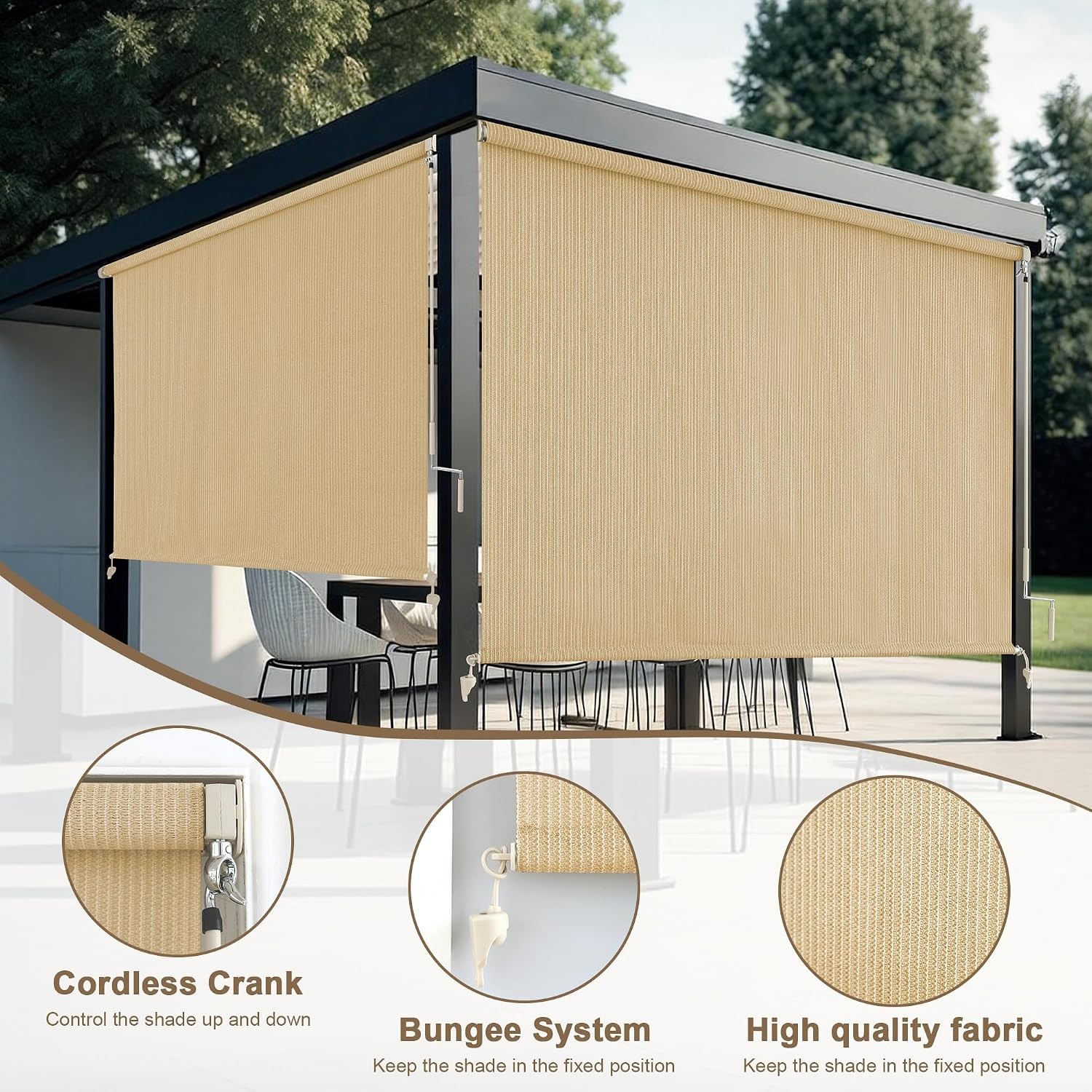 Outdoor Roller Shades for Porch , Cordless Patio Roll Up Blinds with Spliced