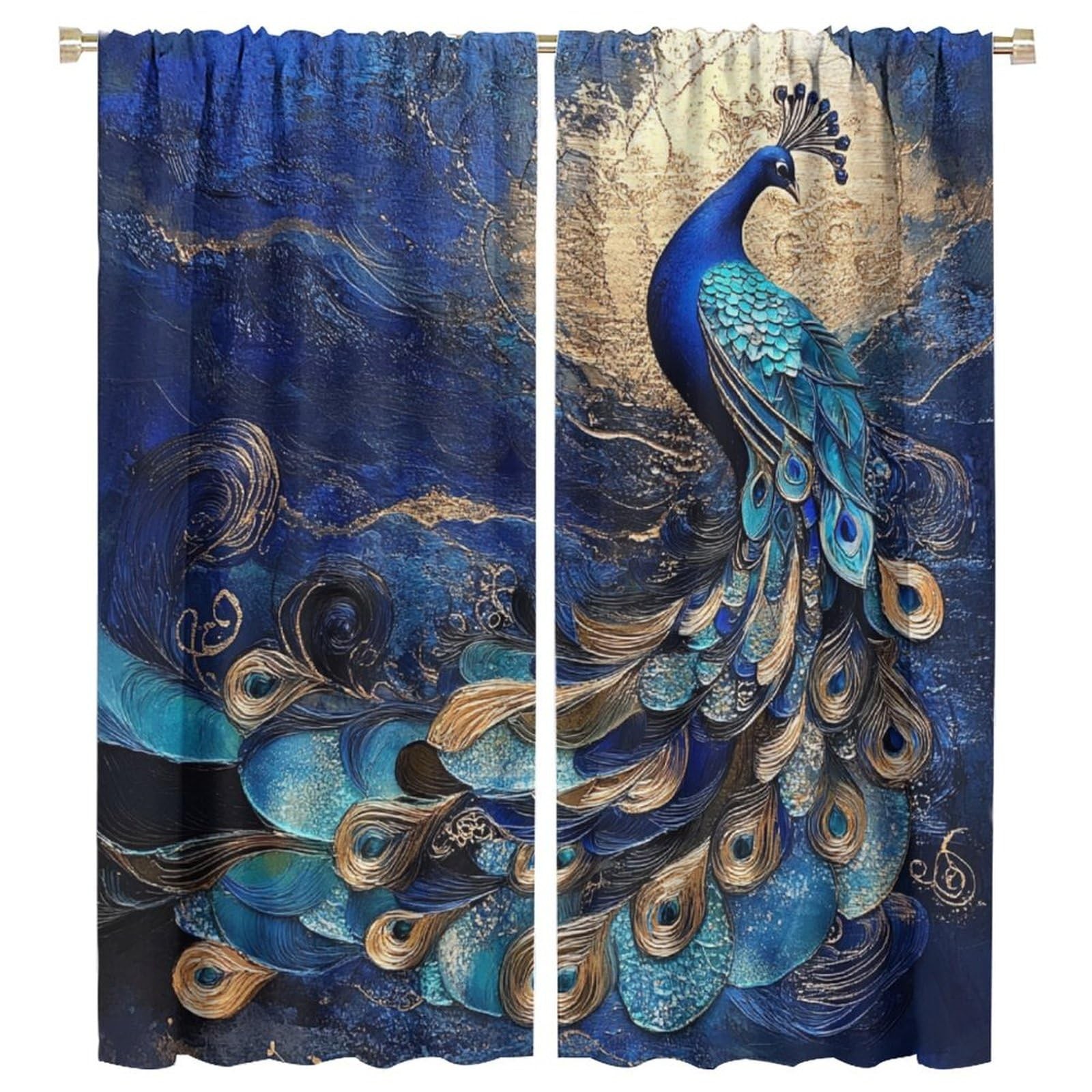 Glam Blue Peacock Blackout Curtains for Bedroom/Living Room, Abstract Gold Mo…