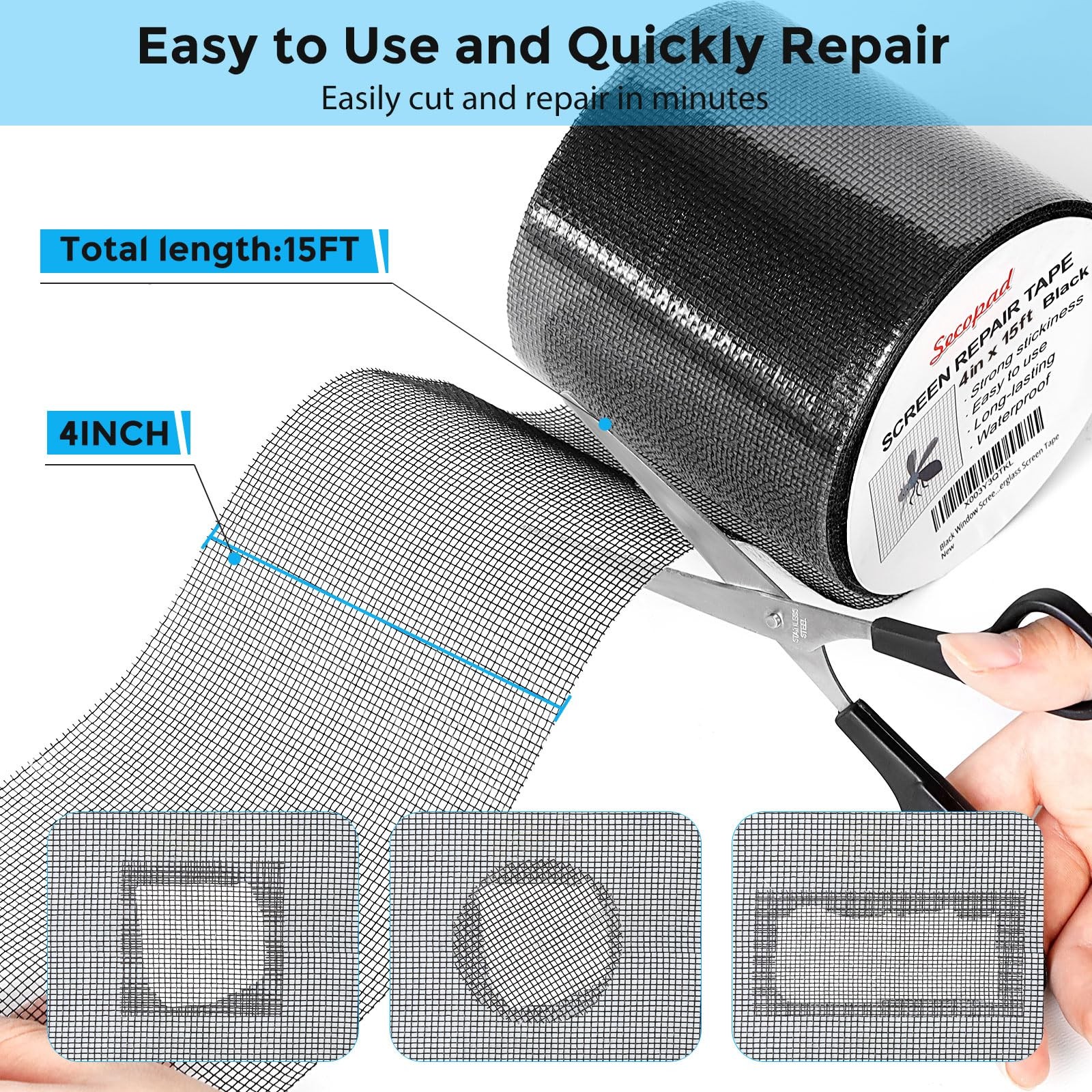 Secopad Black Window Screen Repair Tape, 4 in X 15 FT 4IN X 15FT,