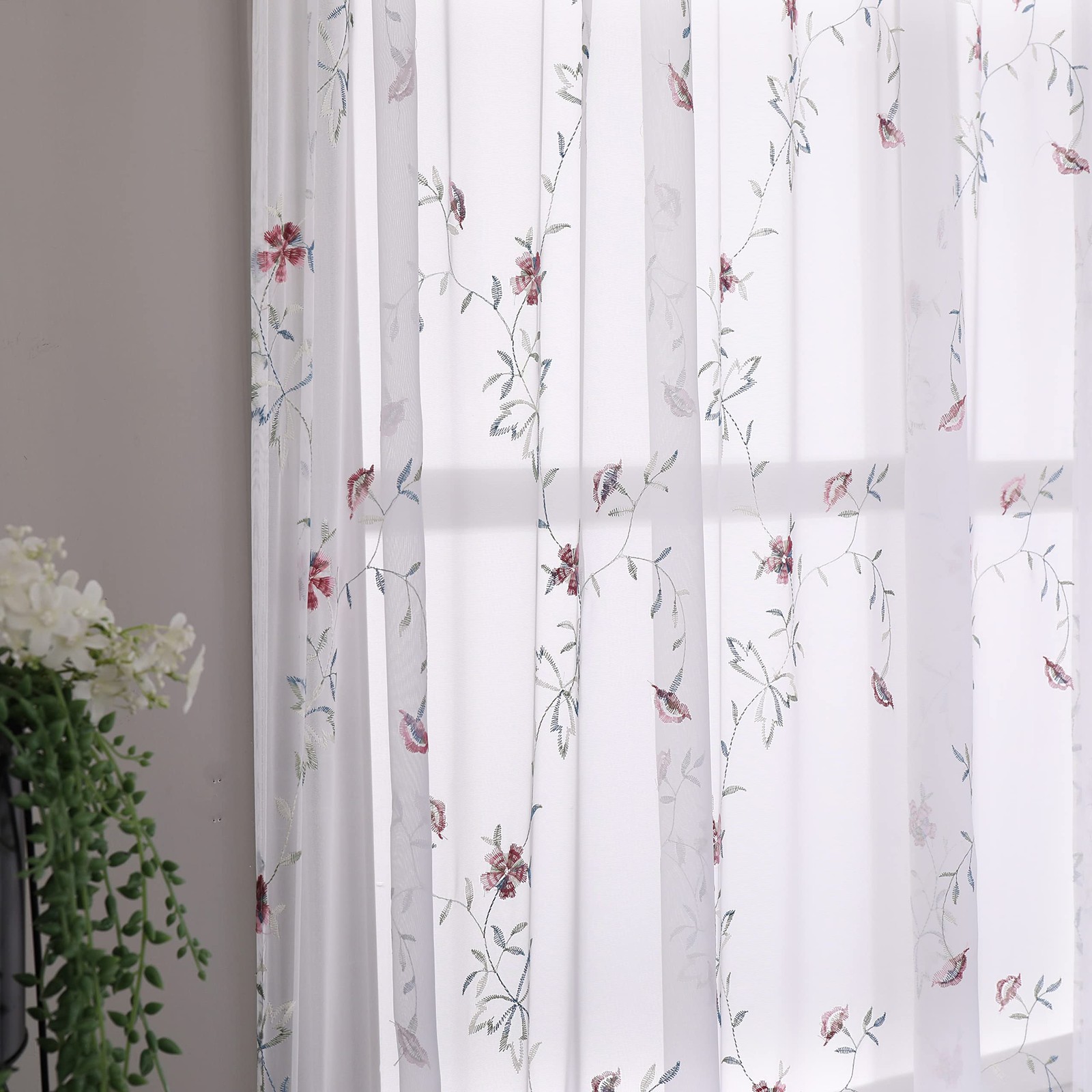 Floral White Sheer Curtains Flower Print Vine Embroidery Bedroom Curtain Rod …