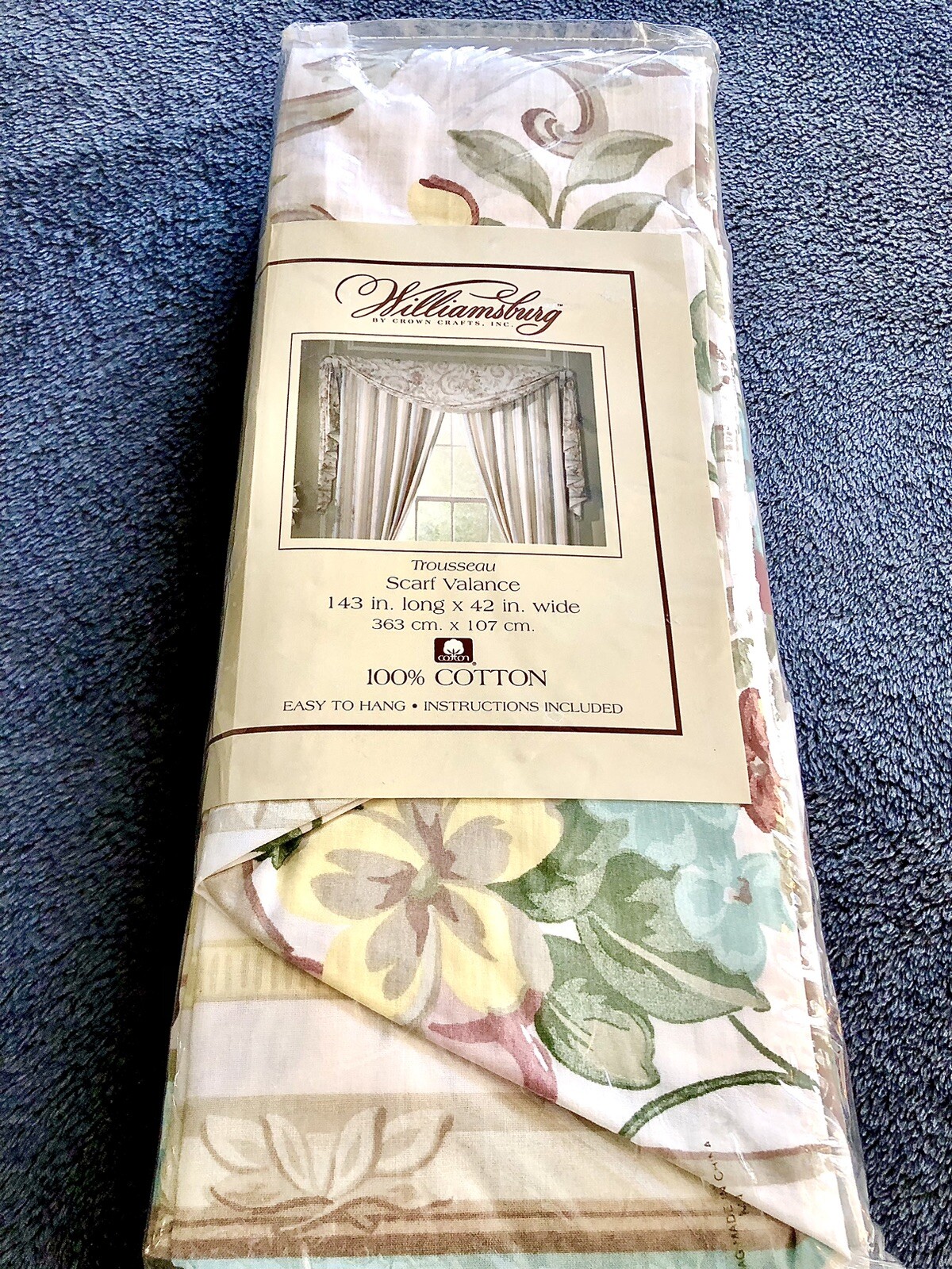 A Vintage Crown Crafts Williamsburg Trousseau Scarf Valance Floral & Stripe NWT