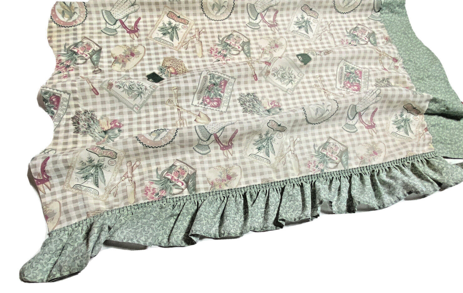 Pair Vintage Curtains Gardening Panels Drapes Ruffle Border Plants Green 2 Retro