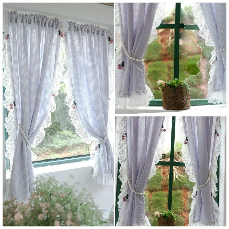 1 Panel Lace Checked Curtains Balcony Short Curtain Rod Pocket Light Filtering
