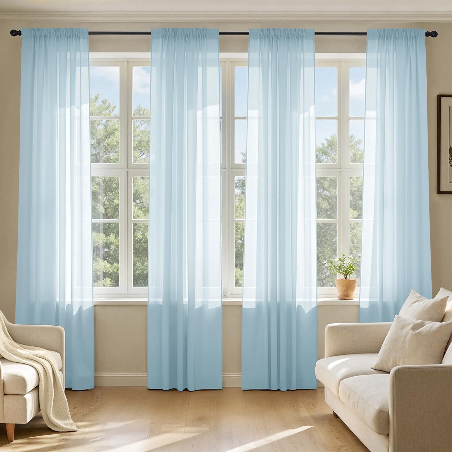 Sky Blue Sheer Curtains 84 Inches Long, 4 Panels Set, Light Filtering Rod Poc…