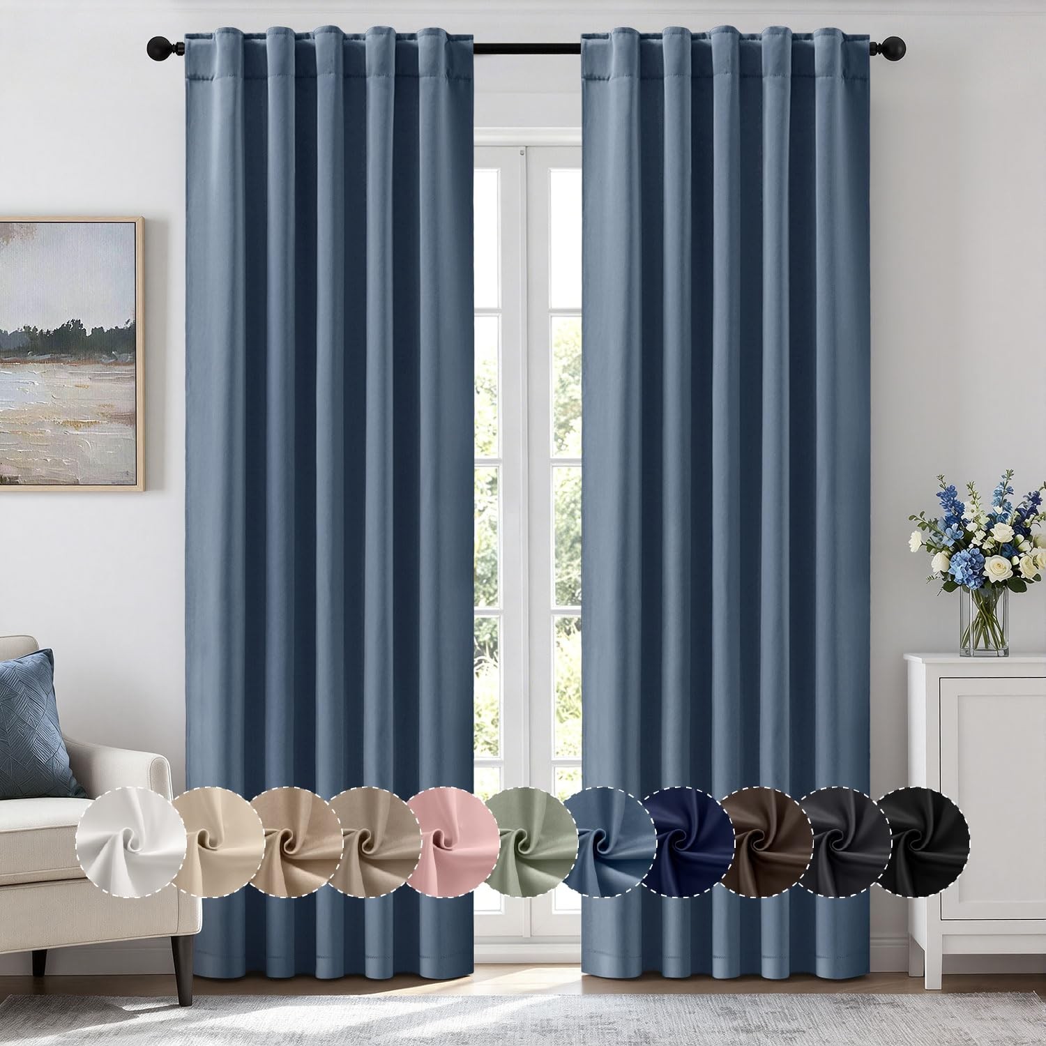 Stone Blue Pinch Pleat Blackout Curtains 90 Inch Length 2 Panels for Bedroom …