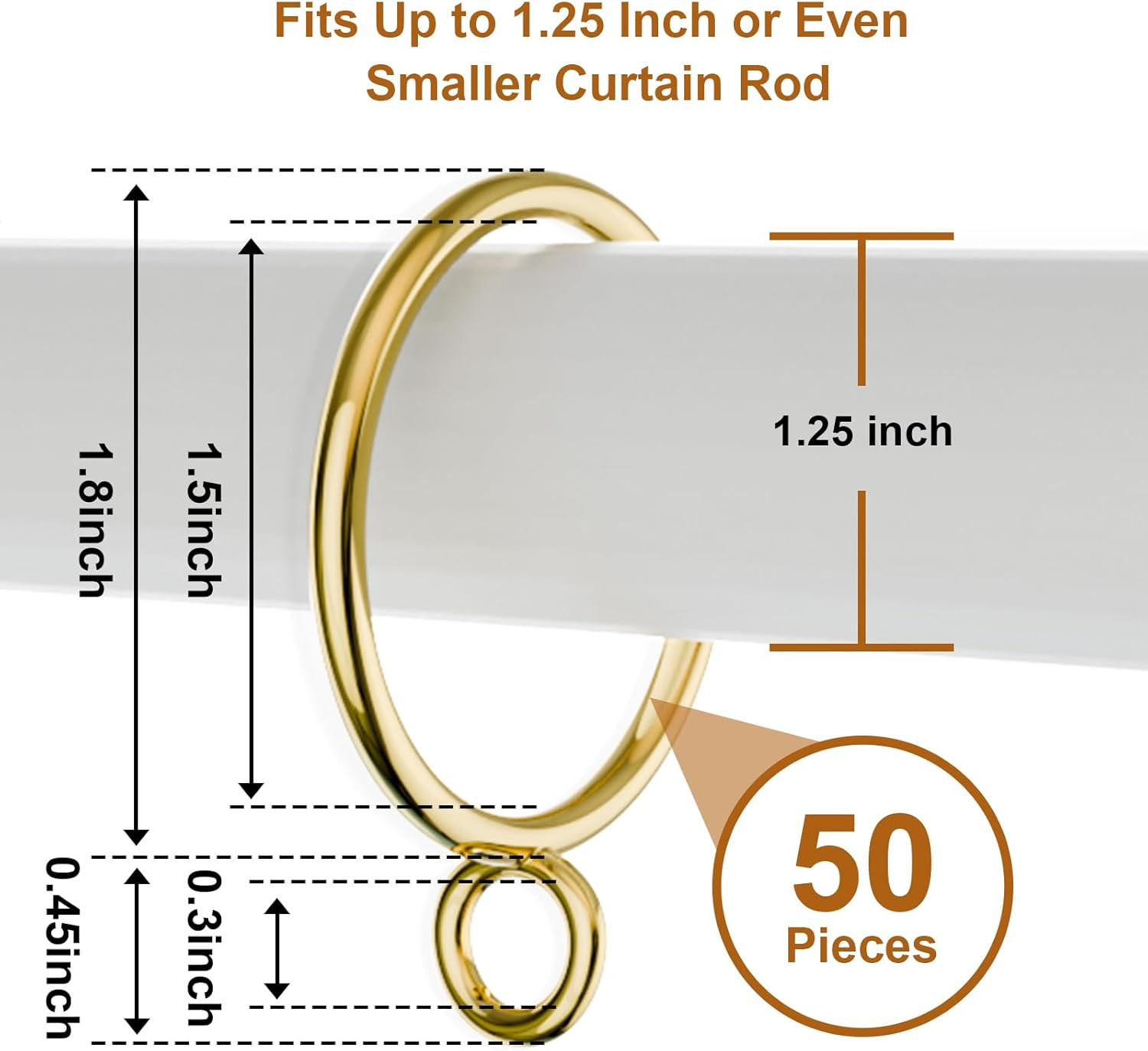 50 Pack Gold Metal Curtain Rings with Eyelets, 1.5 Inch Inner Diameter Drapery R