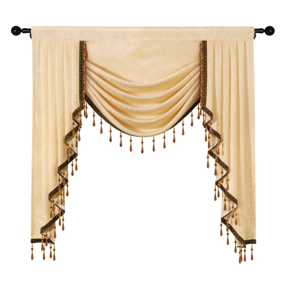 Elkca Jacquard Waterfall Valance Luxury Beads Beige Window Curtains Valance For