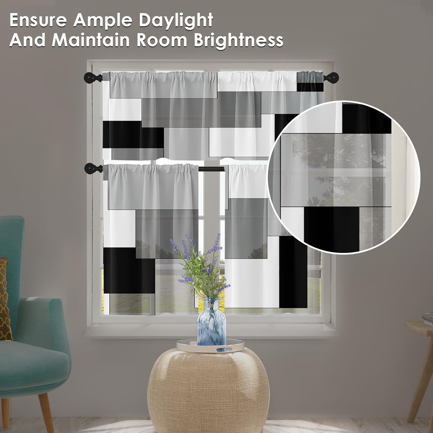 Black White Gray Kitchen Window Curtains Valance and Tier Set 36 Inch, Dark Grey