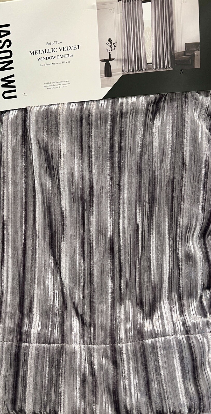 Jason Wu Metallic Shimmer Velvet Window Curtain Panels Gray 50”x96” Curtains