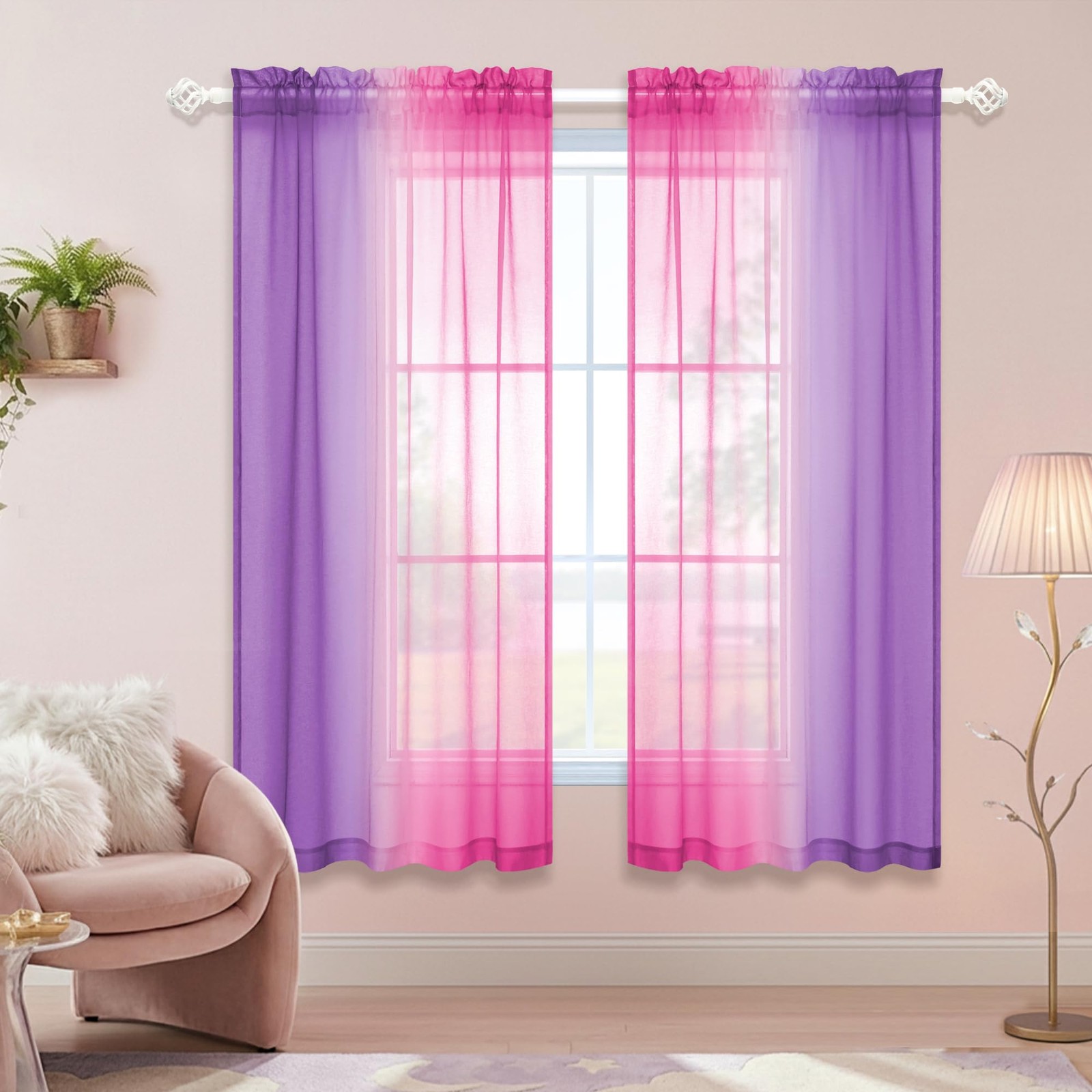 Pink and Purple Curtains 63 Inch Length for Girls Room Decor 2 Panels Set Kawaii