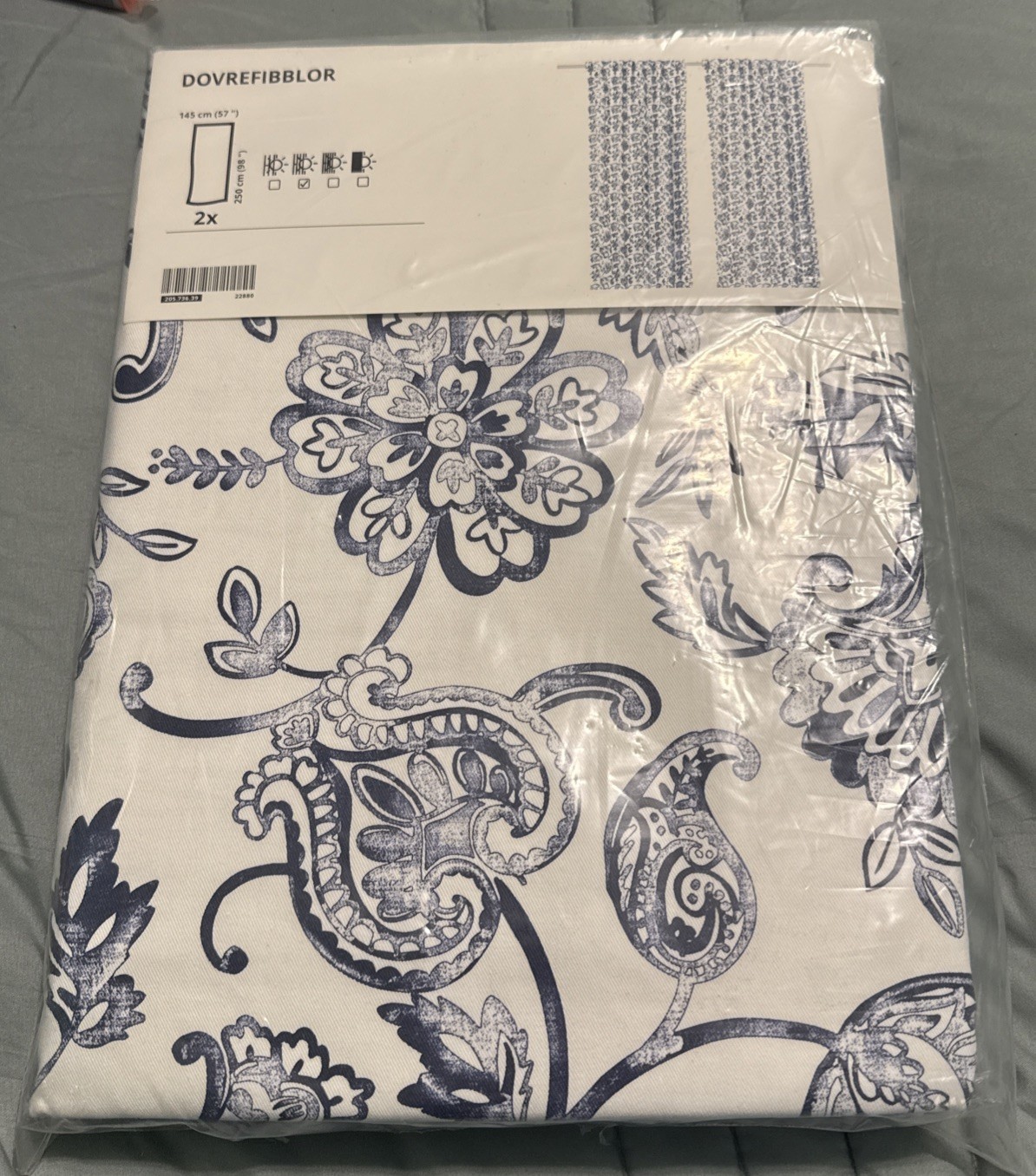 IKEA DOVREFIBBLOR Curtains 1 Pair 2 Panels White Blue 57×118″ NEW Sealed