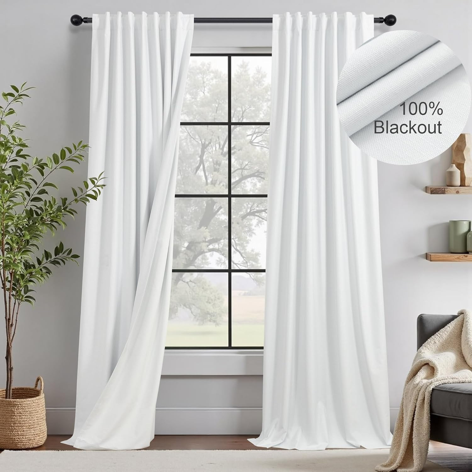 108″ White Linen Blackout Curtains for Sliding Door – 2 Panels, Noise & Heat Blo