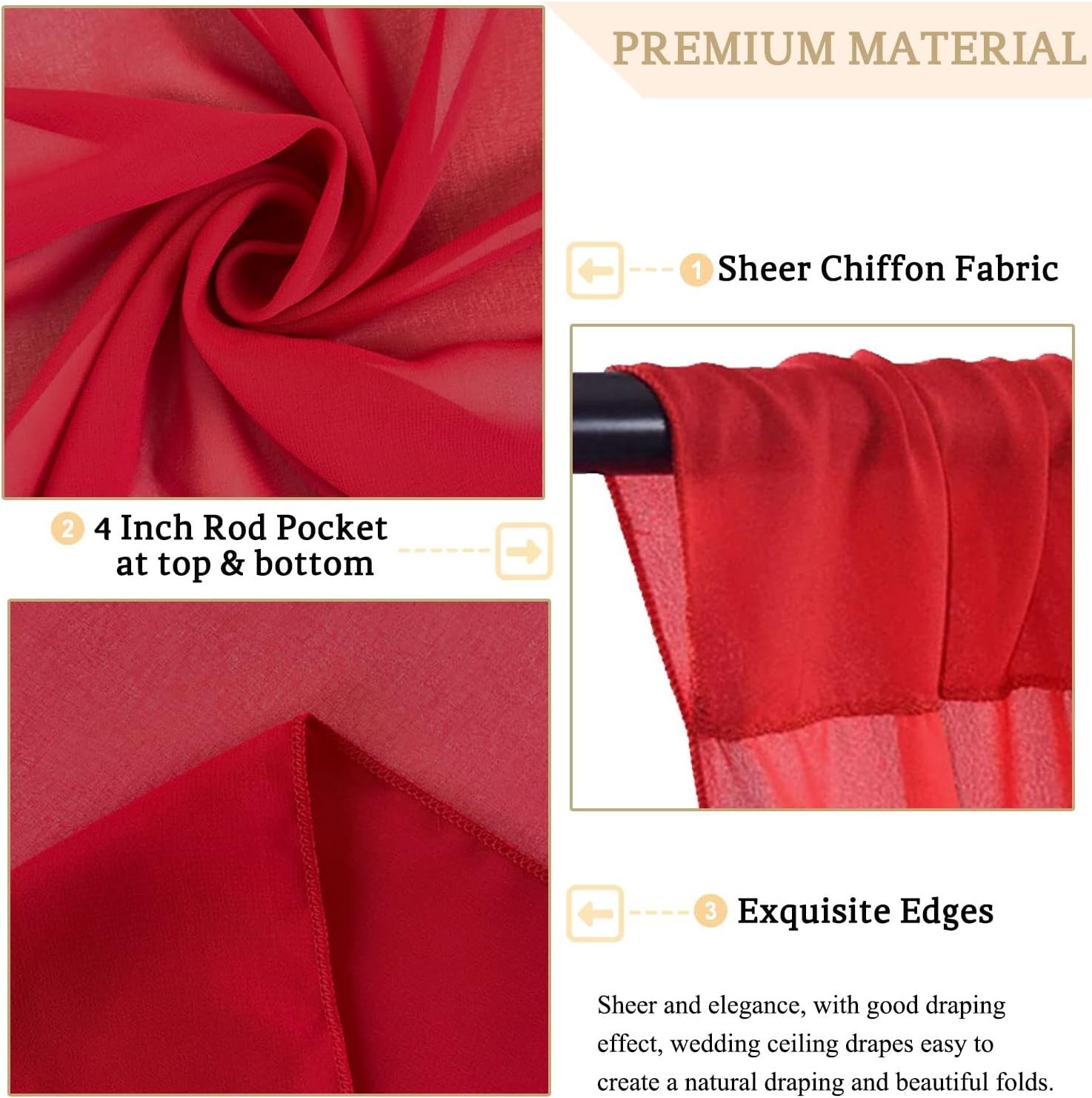 Red Chiffon Ceiling Drapes for Weddings & Parties – 2 Panels 5x20ft