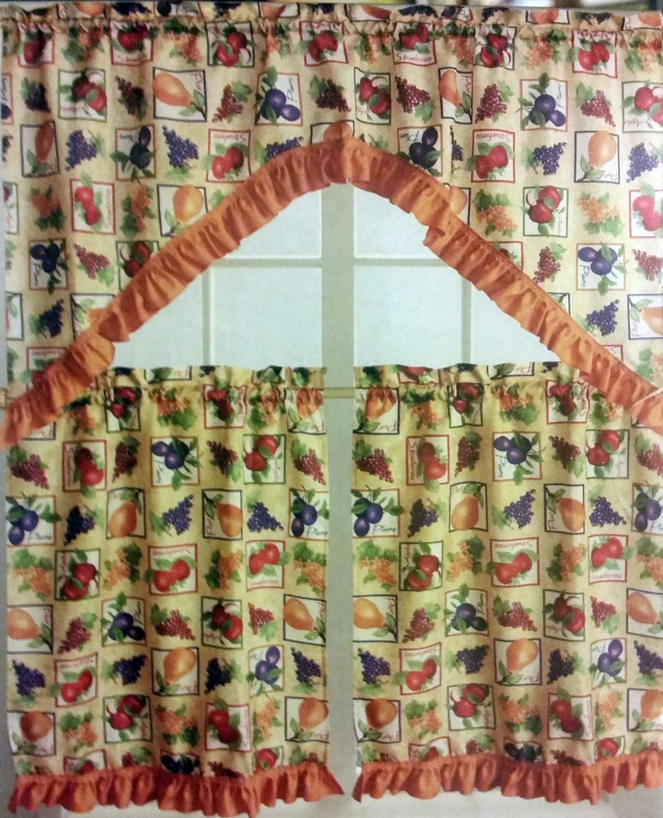 3pc Printed Kitchen Curtains Set:2 Tiers (30″x36″) & Swag (60″x36″)FRUITS BOX,LX