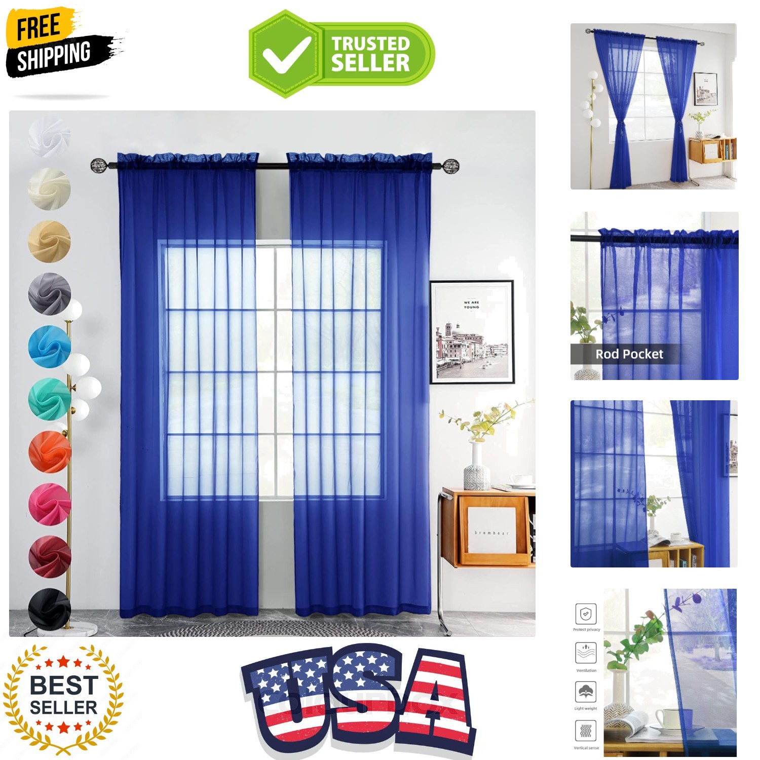 Solid Sheer Rod Pocket Curtain Voile Draperies 2 Panels White Beige Black Gre…