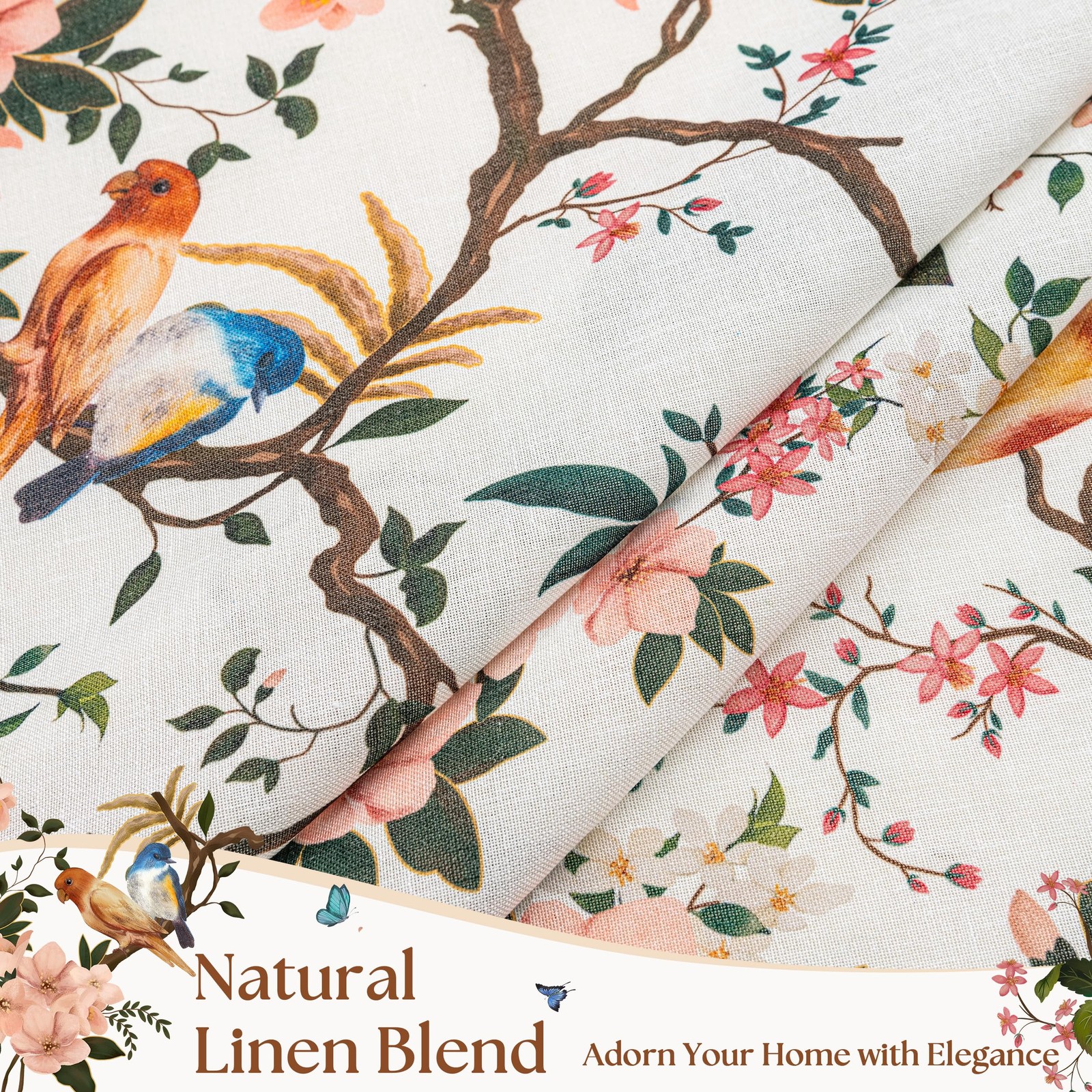 2 Panel 84″L Beige White Floral Linen Curtain Semi Sheer Light Filtering SEELUCK