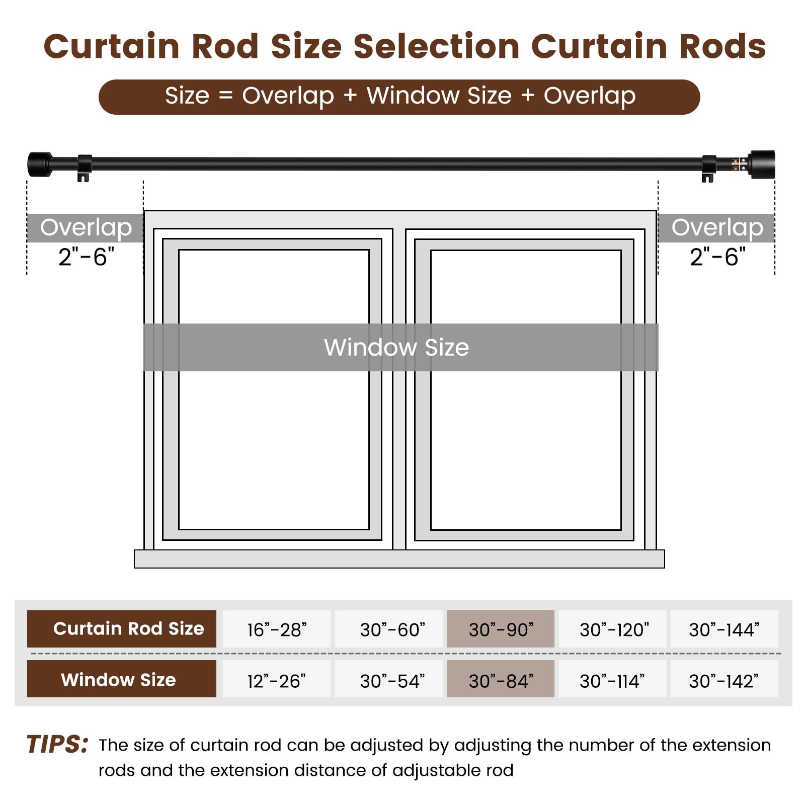 1” Diameter Matte Black Curtain Rods Itself is 30 to 90 inch, 1 Pack Fit 30-8…