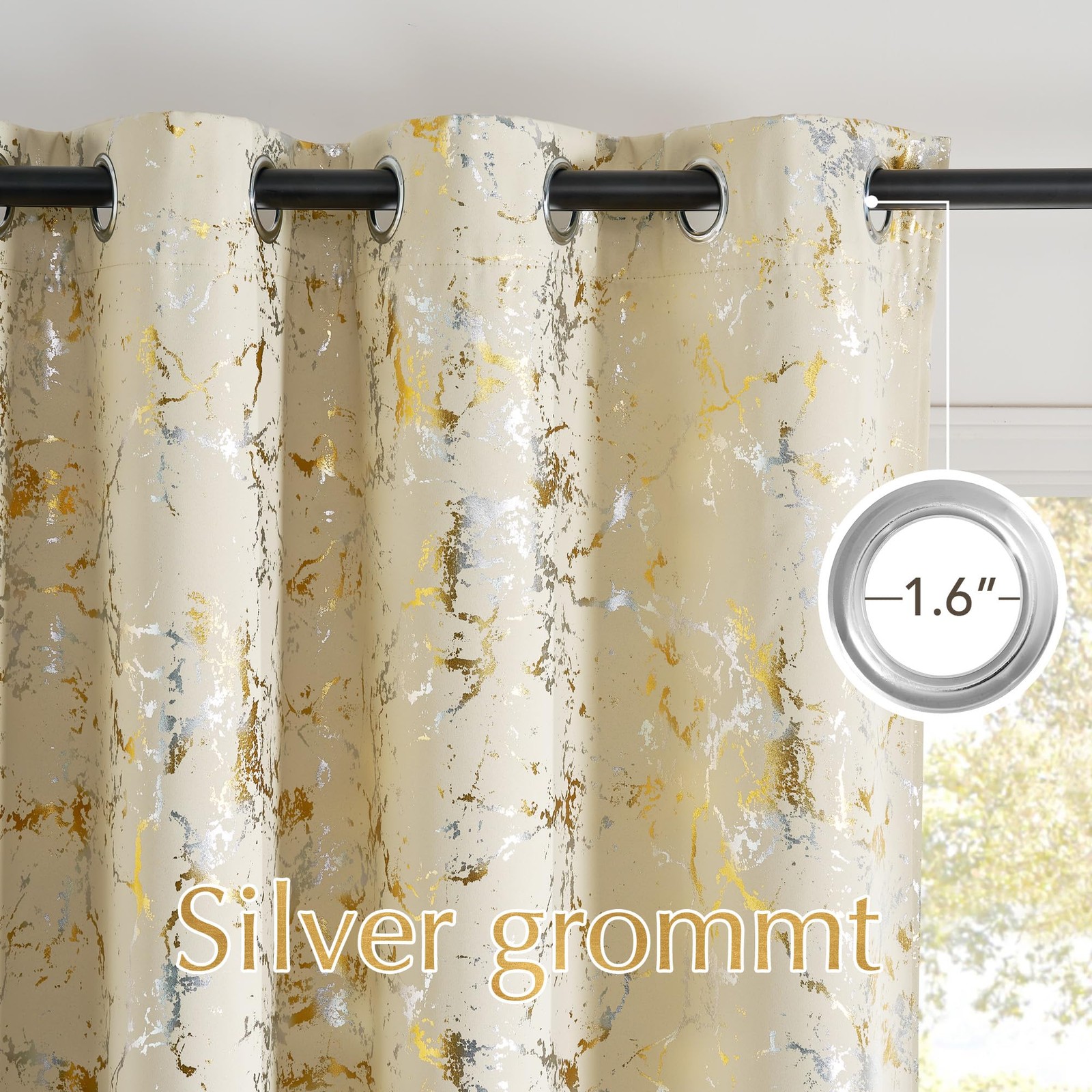 100% Blackout Silver and Gold Patterned Curtains for Living Room Bedroom Beig…