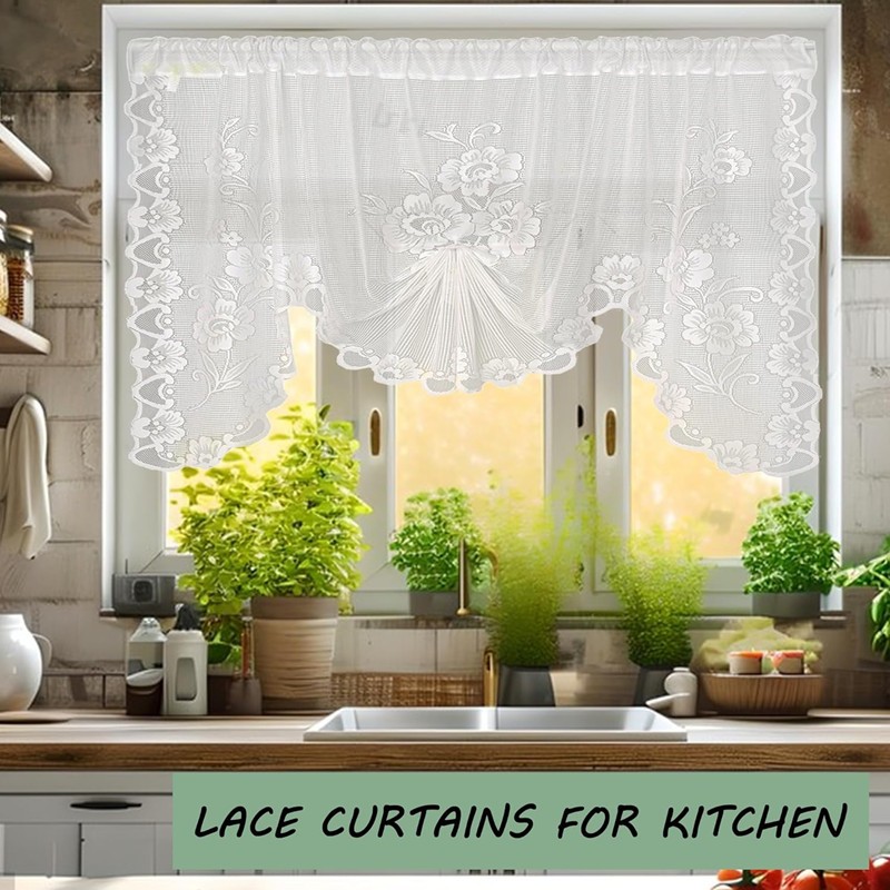 59″X39″ White Semi-Sheer Floral Lace Curtain For Window Decoration Rod Pocket US