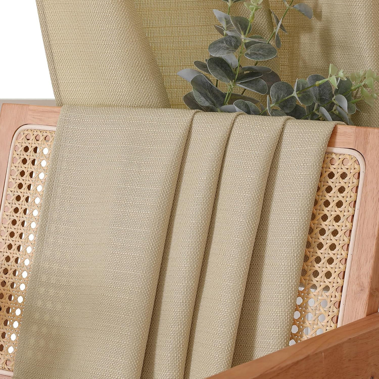 2 Panels Camel Kitchen Curtains 36 Inch Length Tier Curtains, Faux Linen Texture