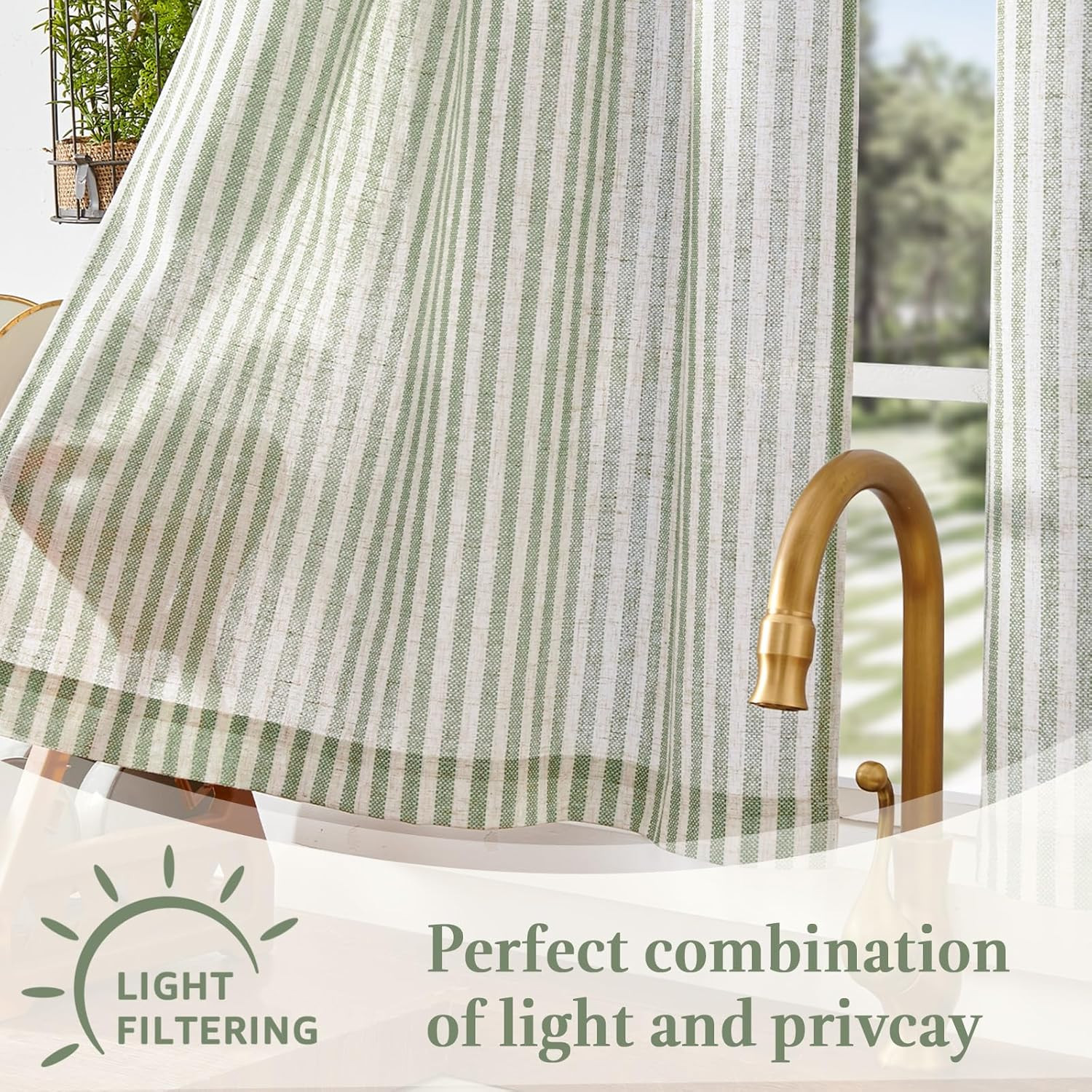 Striped Linen Kitchen Tier Curtains, 20 Inch, Sage Green, 2 Panels | Light-Filte