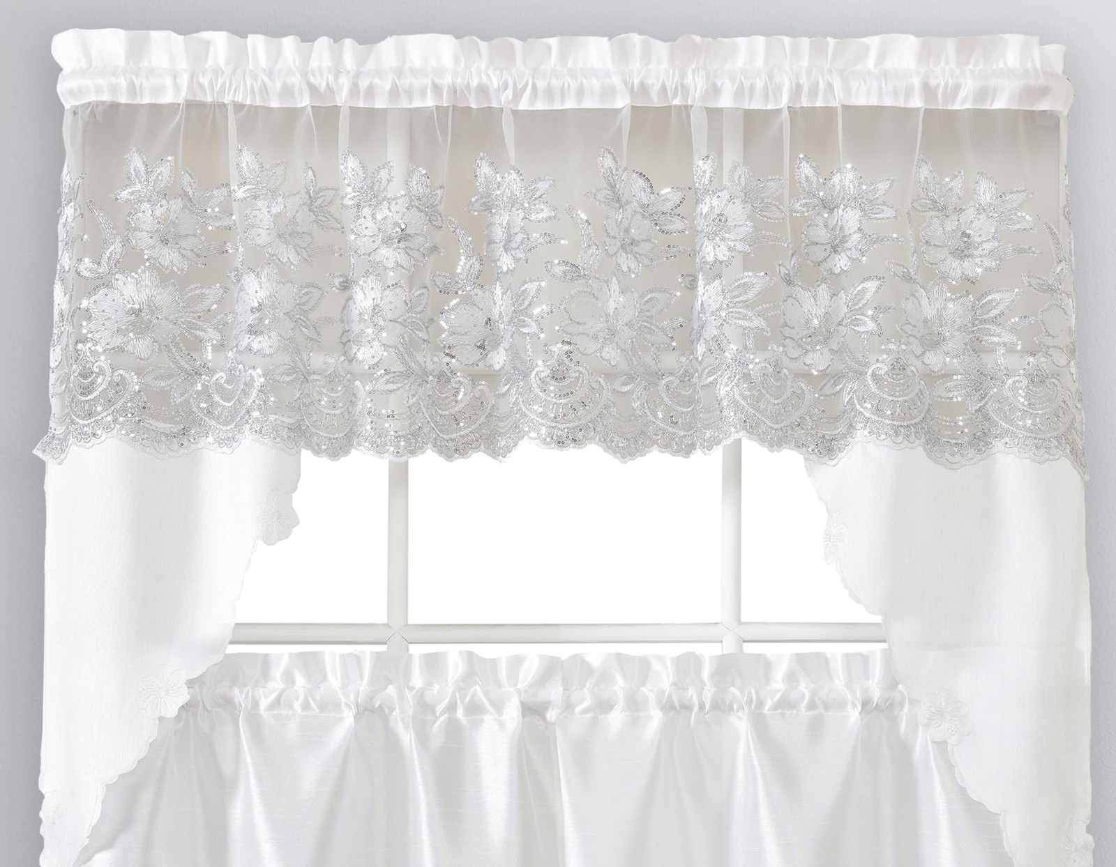 Linen 3-Piece Sequin Embroidered Café Curtain Set
