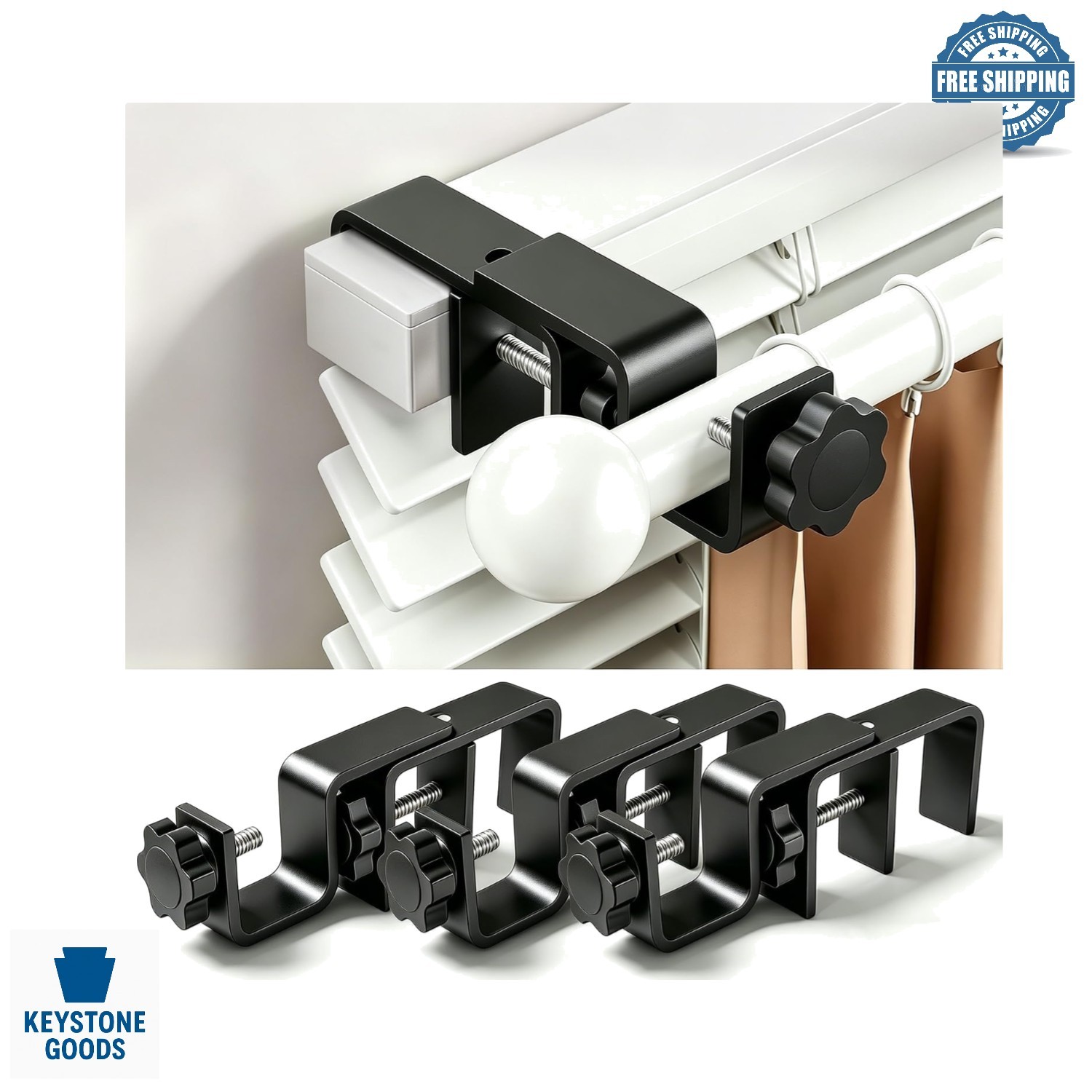 Black No-Drill Curtain Bracket Set for Outside-Mount Blinds, 3-Pack