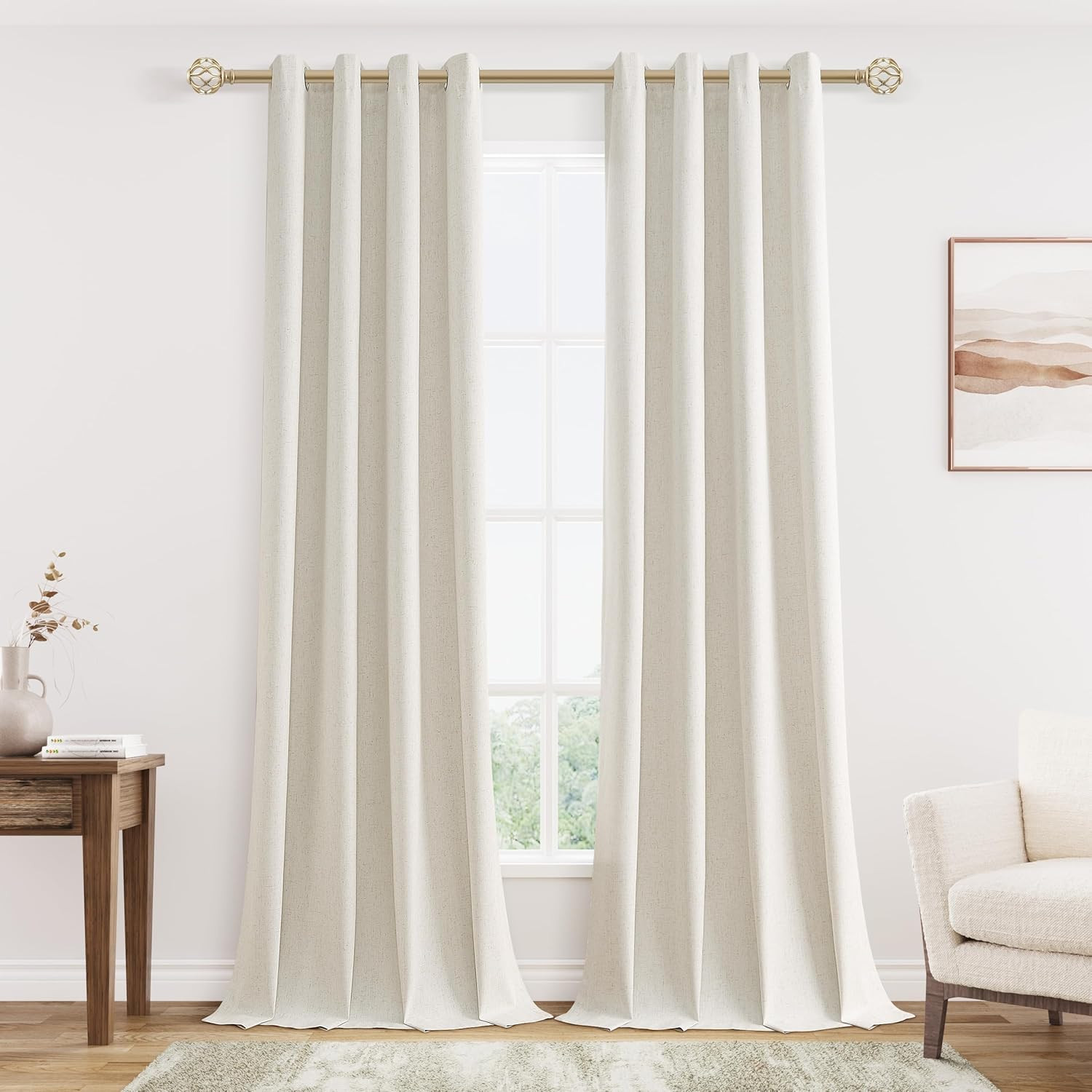 Cream Linen Blackout Curtains 102 Length 2 Panels Set for Living Room Bedroom, 1
