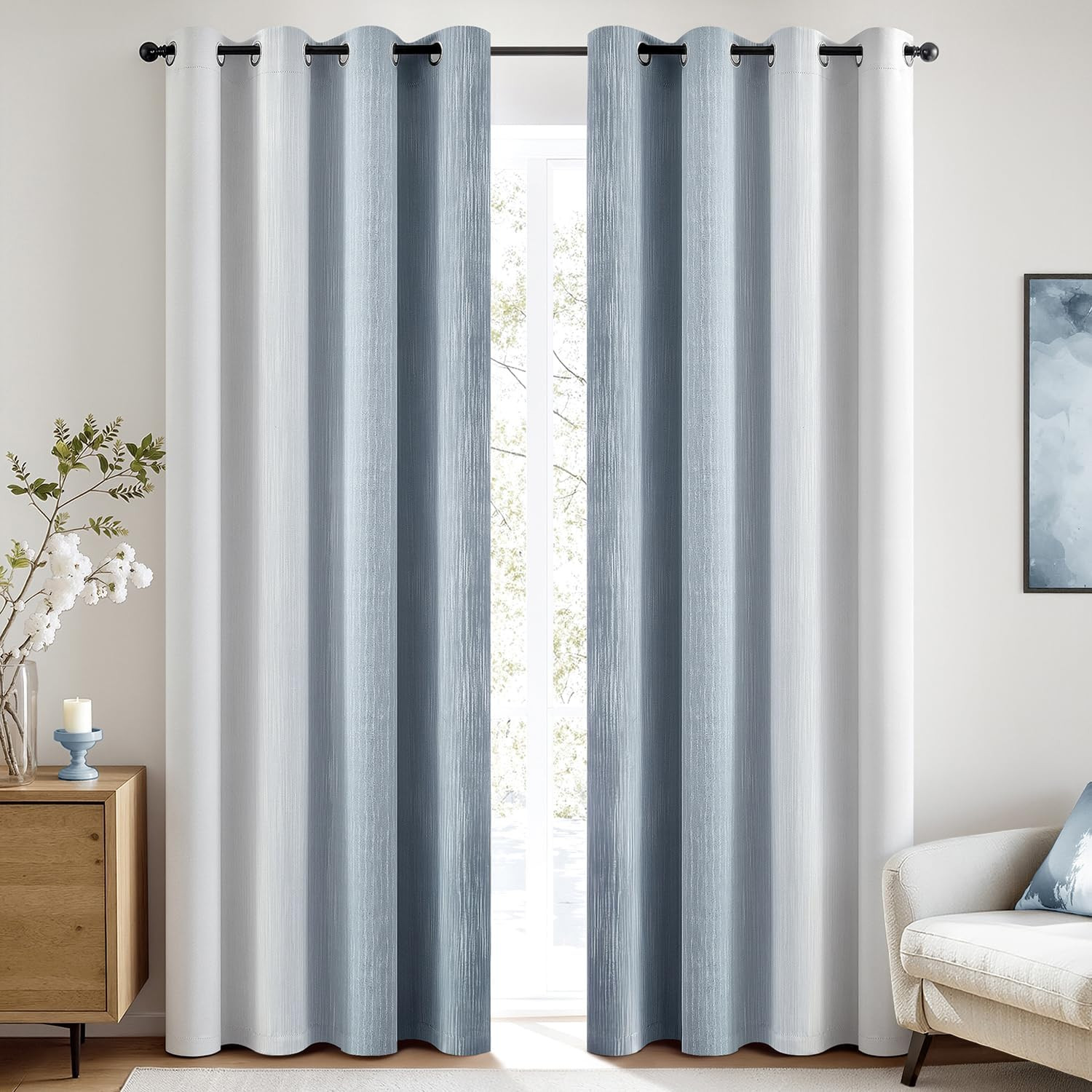 Chambray Blue and Greyish White Ombre Blackout Curtains, Full Room Darkening The