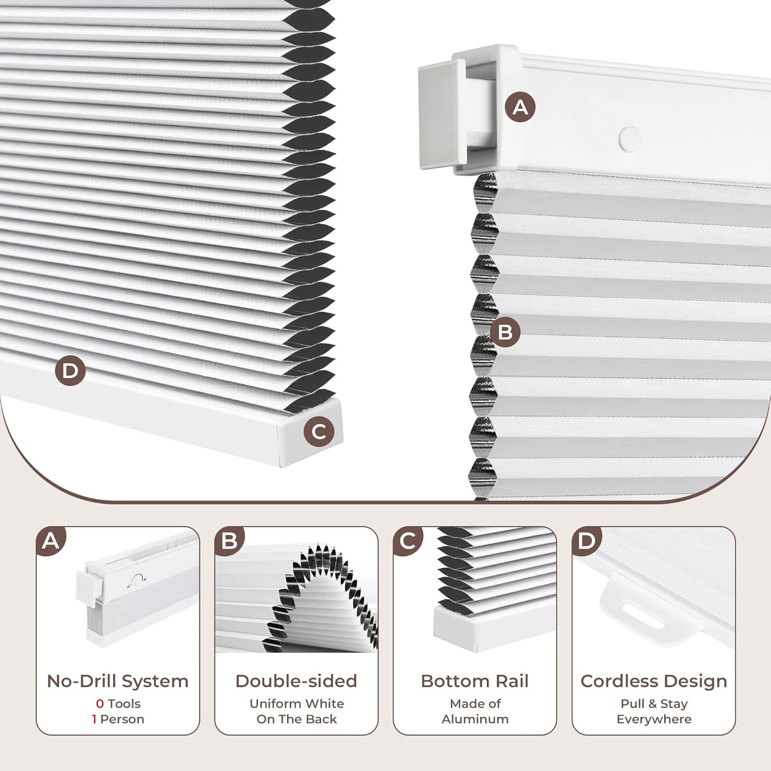 No Drill Blinds for Windows Blackout Cordless Cellular Shades Honeycomb Blinds P
