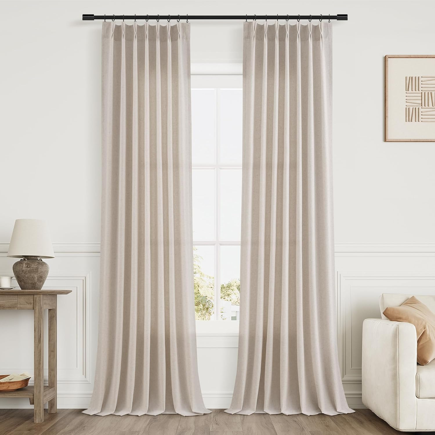 Birch Beige Pinch Pleated Linen Curtains 84 Inches Long for Living Room Bedroom