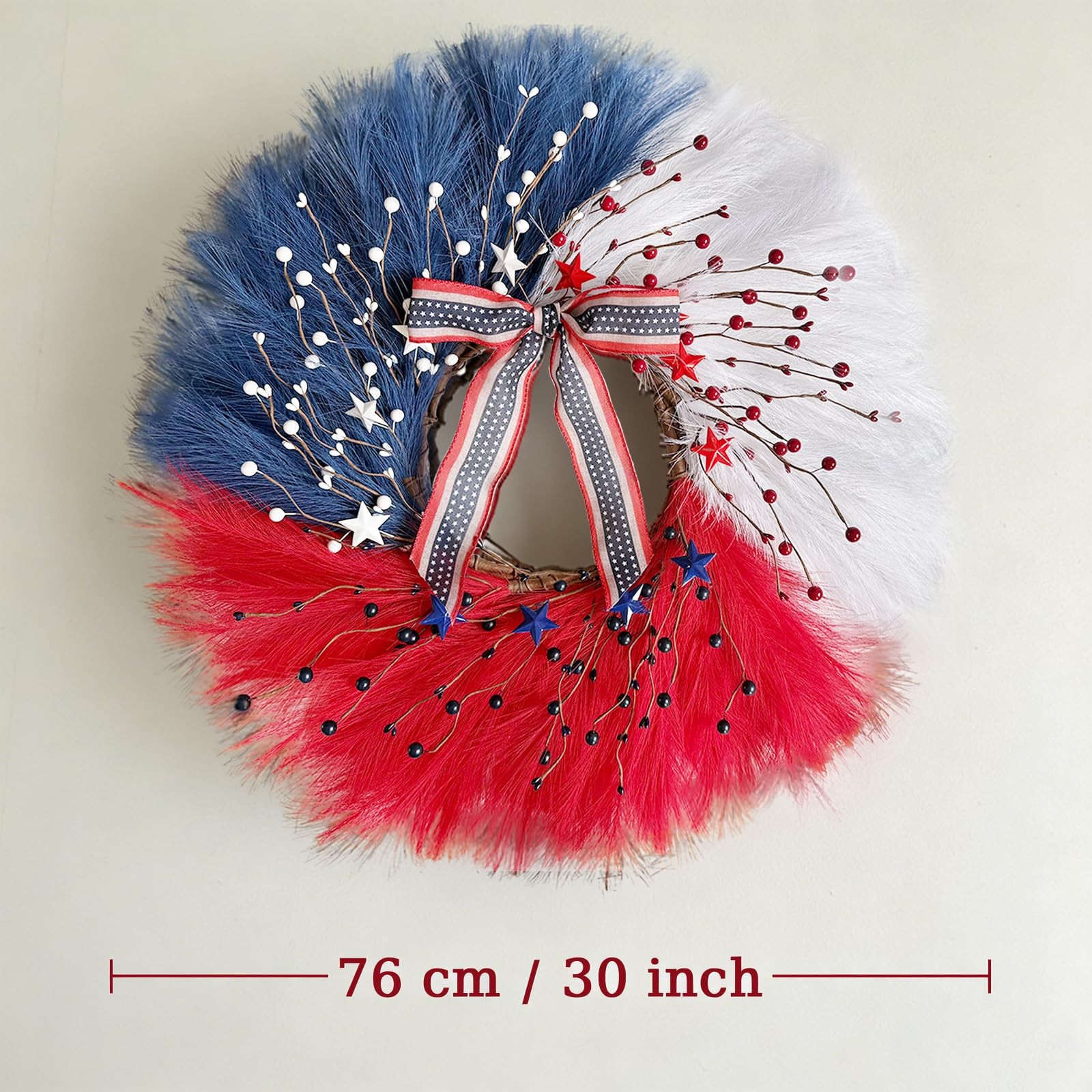 30 Inch Patriotic Wreath for Front Door, Artificial Pampas Grass Reeds Wreath