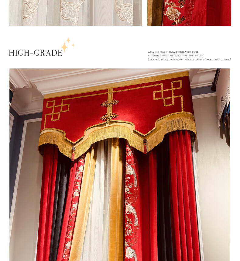 Custom luxury embroidery red thick velvet cloth curtain valance drape C1661