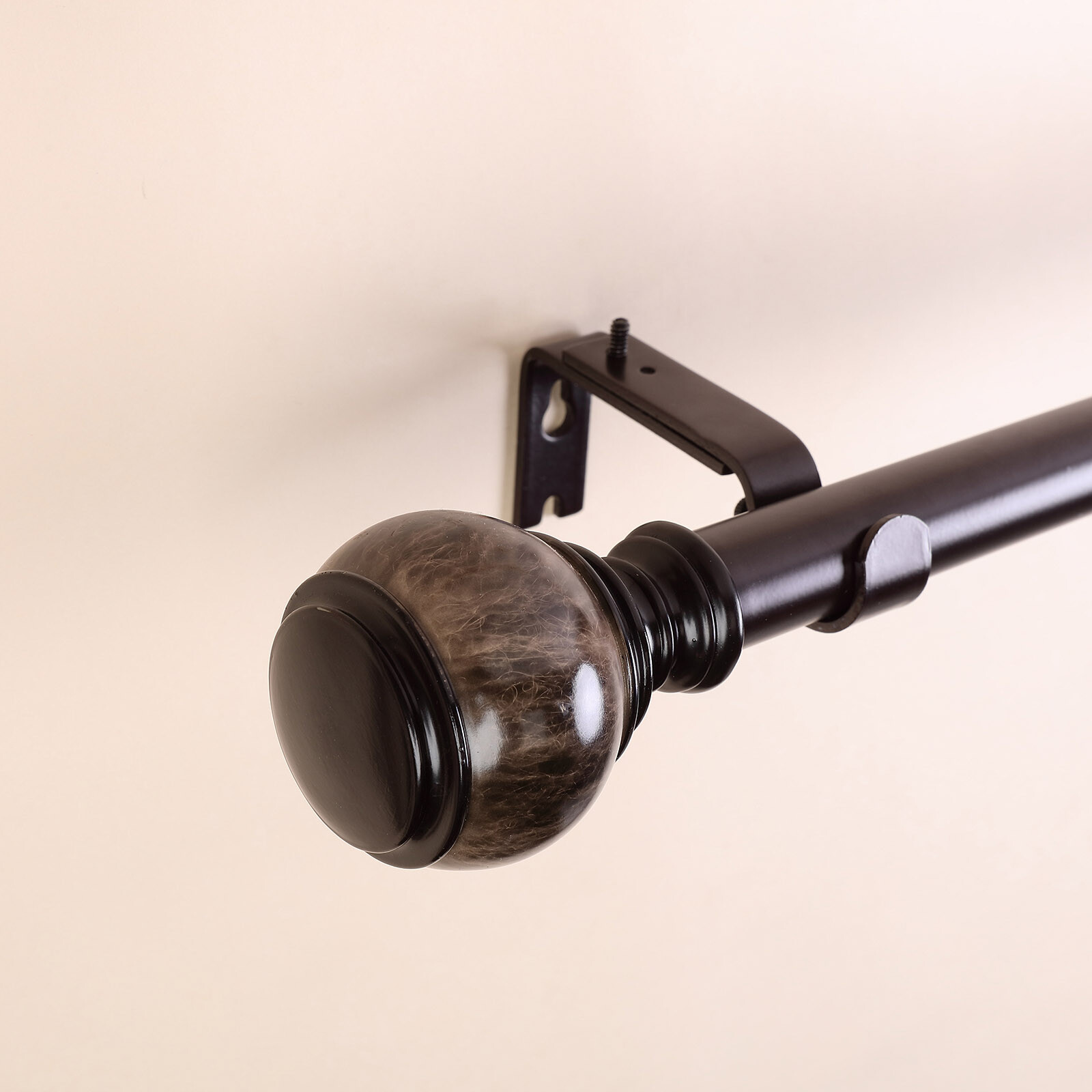 42-126″ long Brown Adjustable Metal Curtain Rod Set Marble Finials Decorations