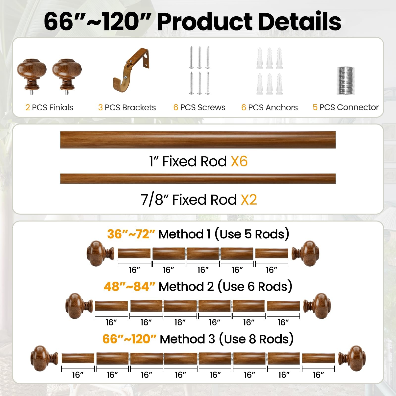 Wood Curtain Rod for Windows 66 to 120 Inches(5.5-10ft): 1 inch Diameter Heav…