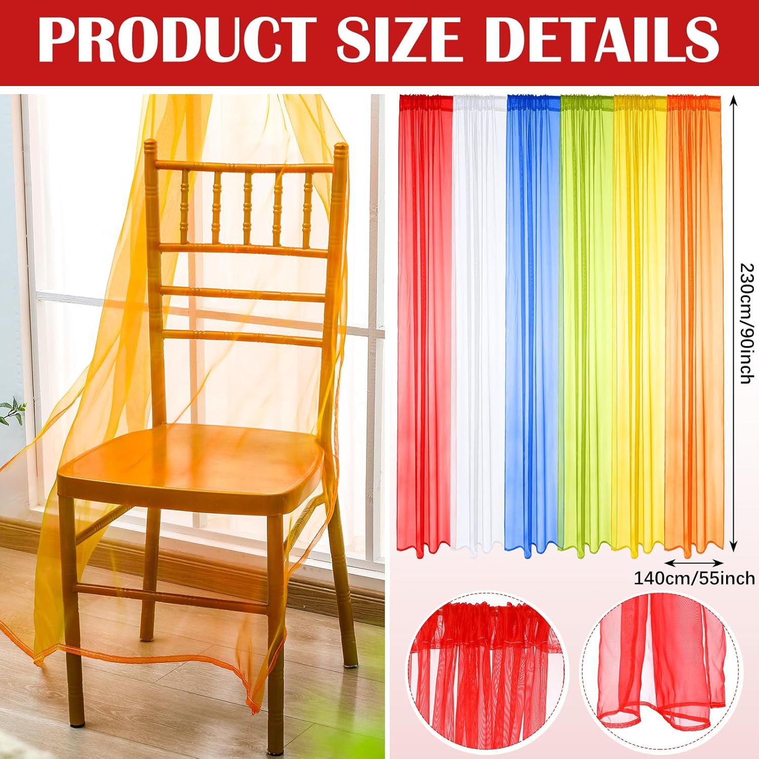 6 Pcs Back to School Rainbow Sheer Curtains 6 Colors Sheer Curtains Set 90X55 In