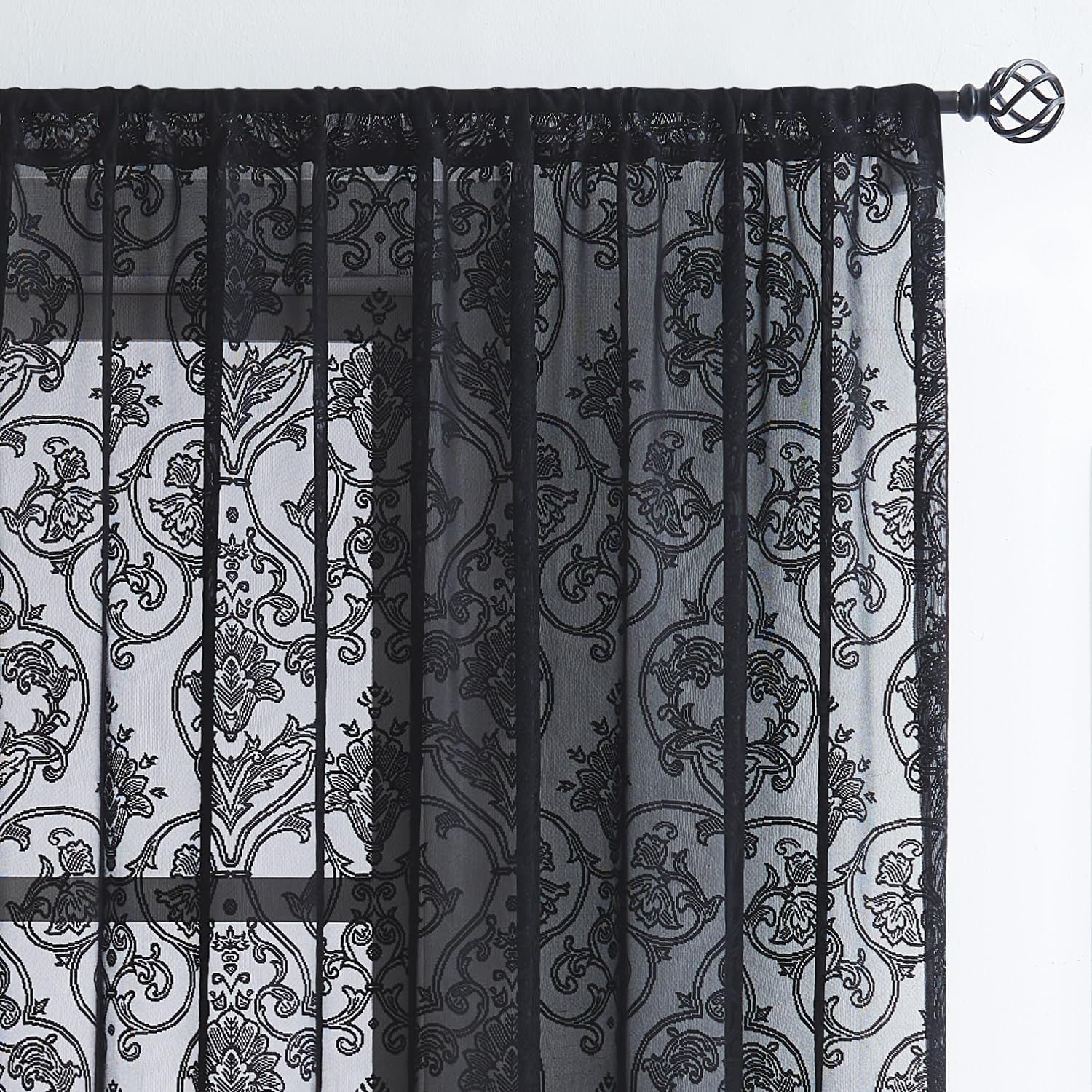 Damask Lace Sheer Curtains Black – Vintage Luxury Traditional Floral Sheer Curta