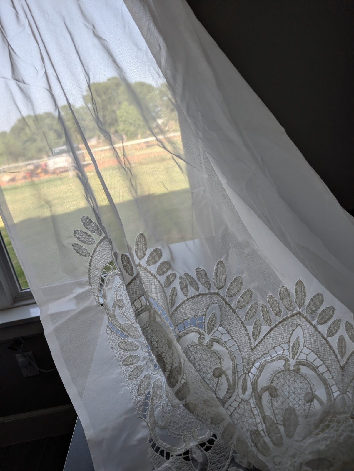 Boho Cottagecore Cream Lace Mesh Sheer Curtains Floral Pattern Scalloped Hem