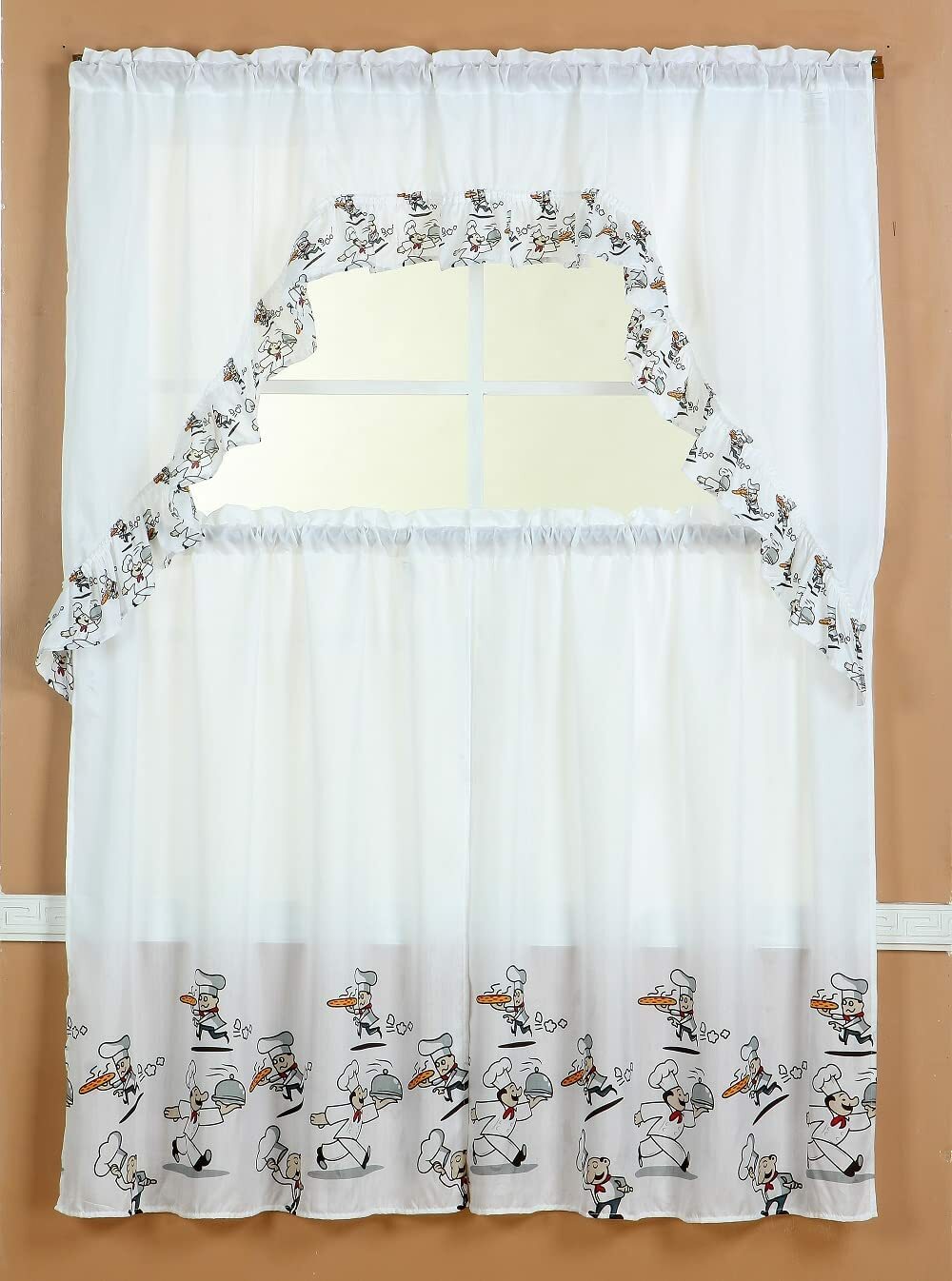 3 Piece Printed Window Treatment Kitchen Curtain Tiers and Swag Valance Set